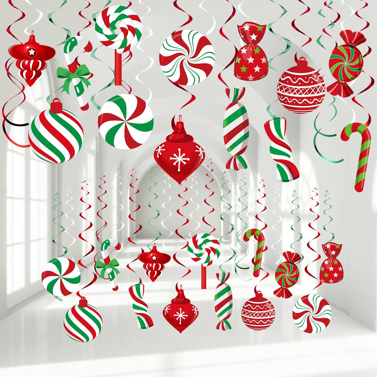 Christmas Peppermint Candy Hanging Decorations, Ceiling Whirl Streamers for Home Winter Holiday Christmas Party (Red White Green)