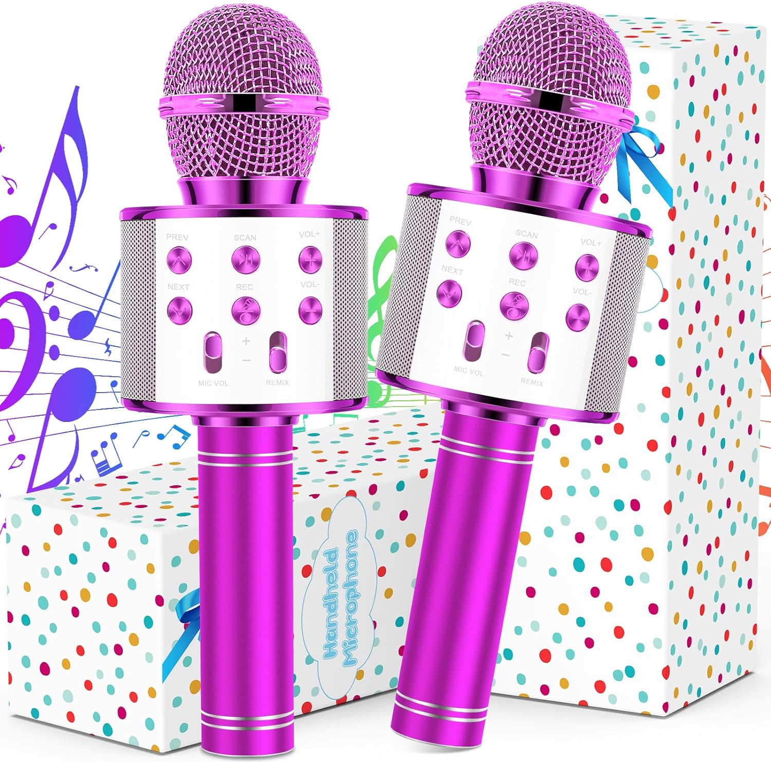 Handheld Microphones Wireless & Speaker with Voice Changers Echo Volume Recording Function, 2 Pack, Pink