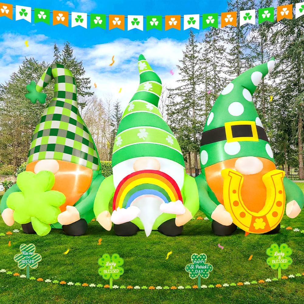 6FT Inflatables Outdoor Decorations Gnomes Inflatable with Shamrock Lucky Horseshoe with Lights for Holiday Home St Patrick's Day Decorations