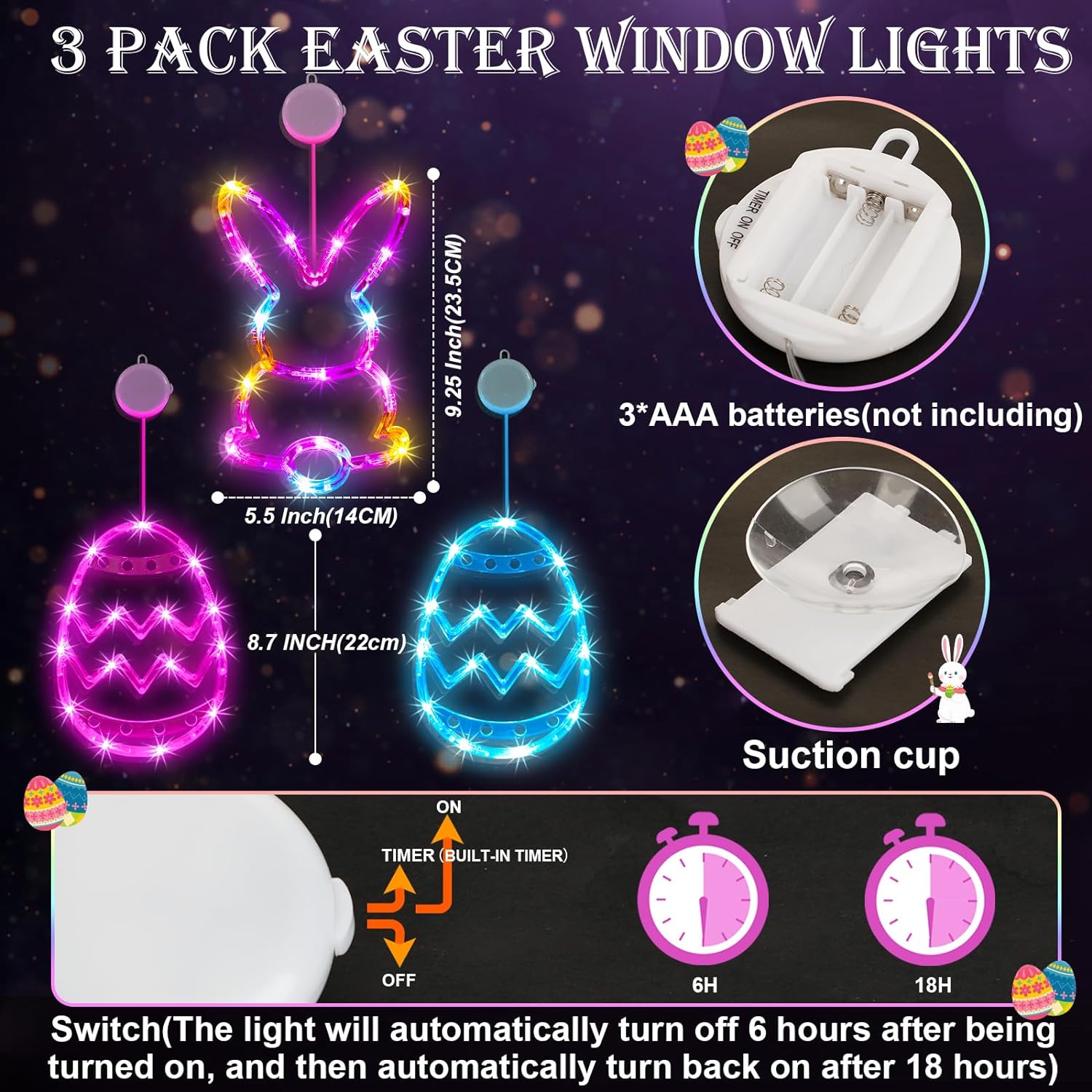 Easter Decorations Bunny Eggs Lights 3 Pack, Easter Window Lights Home Decor