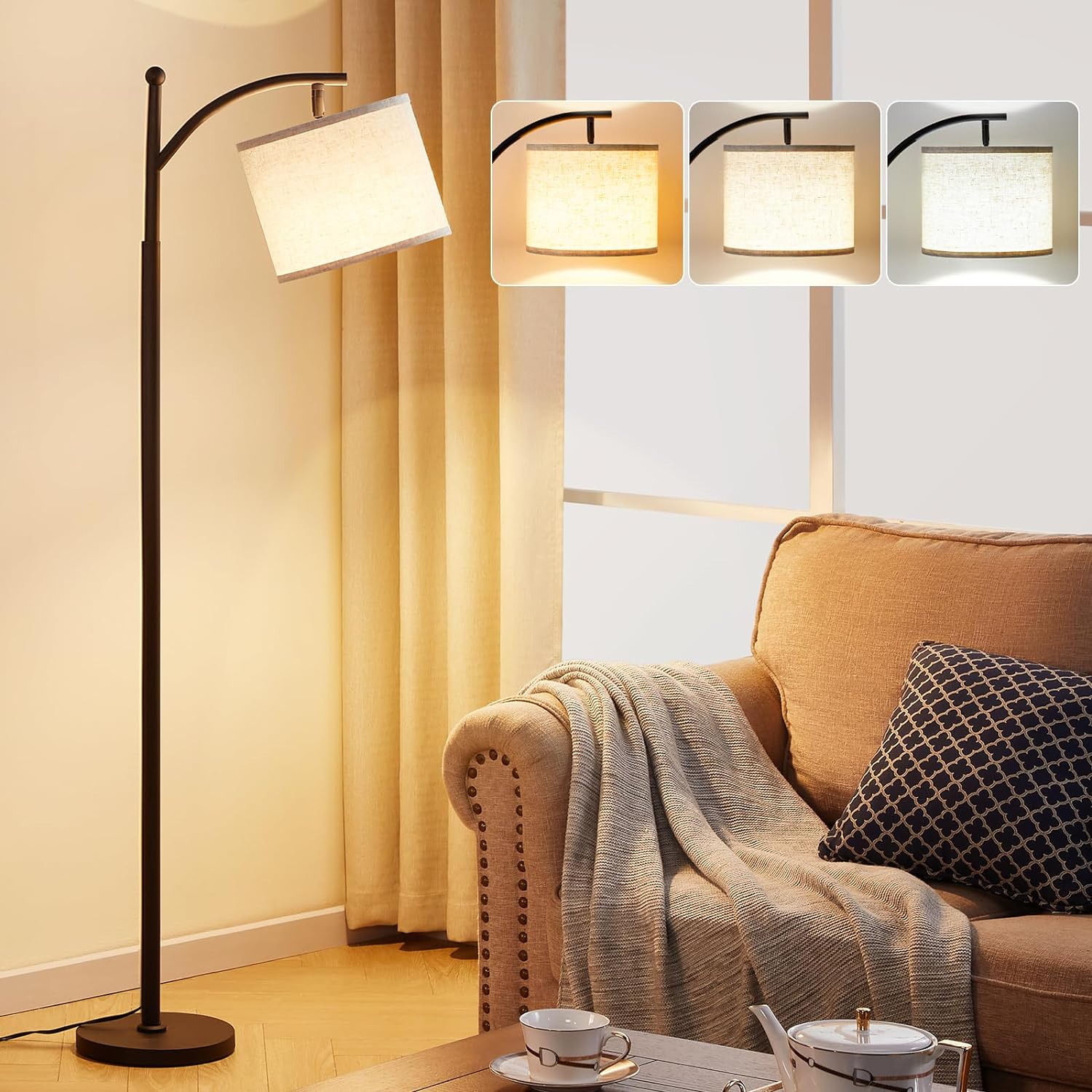 Floor Lamps for Living Room with 3 Color Temperatures, Standing Lamp Tall with Adjustable Linen Shade