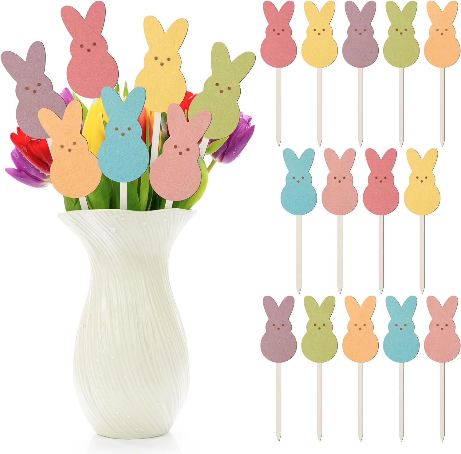 Easter Double Wooden Picks Decorations for Home Cute Bunny Wooden, 14 Pieces