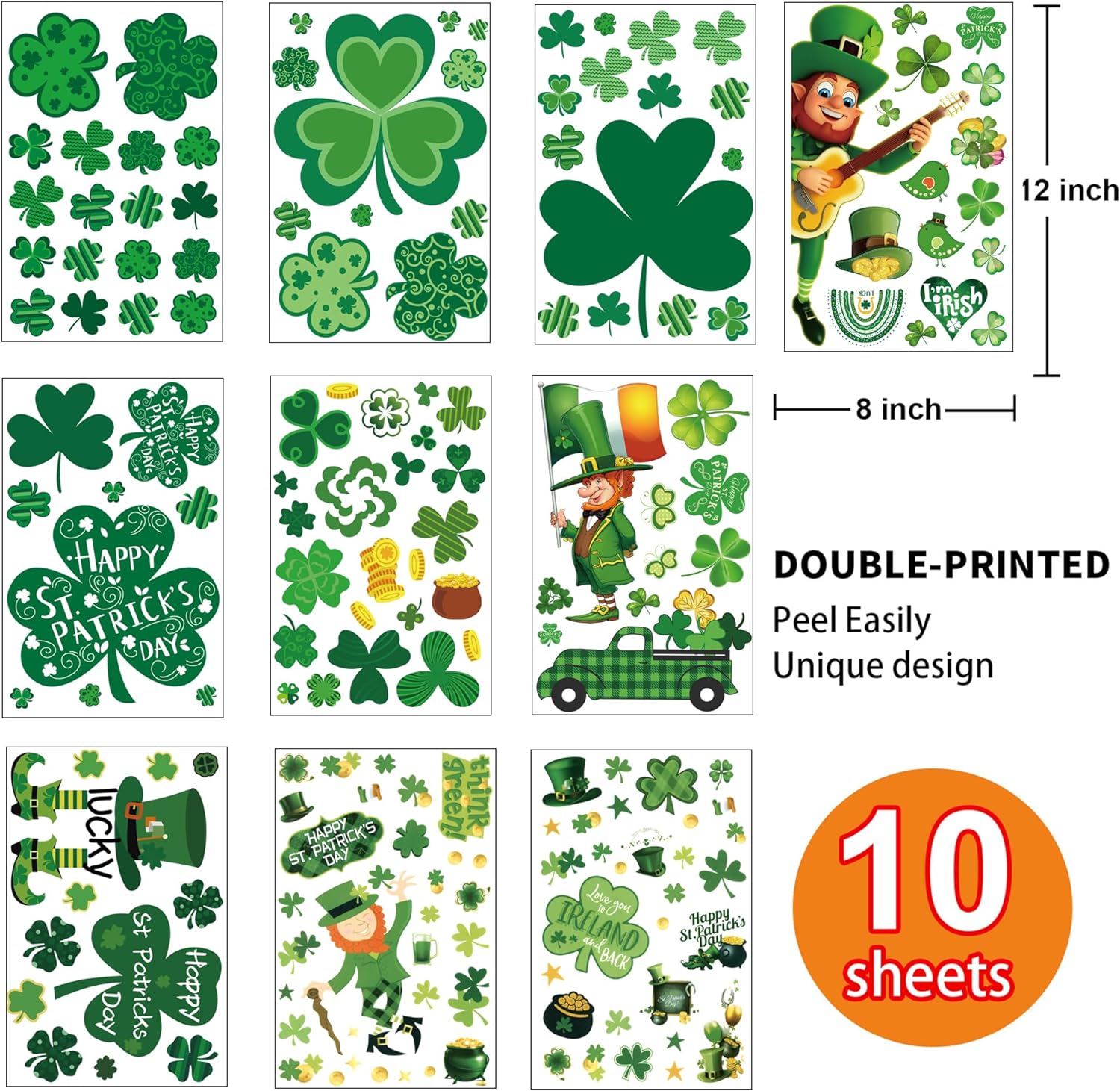 St. Patrick's  Decorations Window 10 Sheets Decal Stickers for Glass Windows