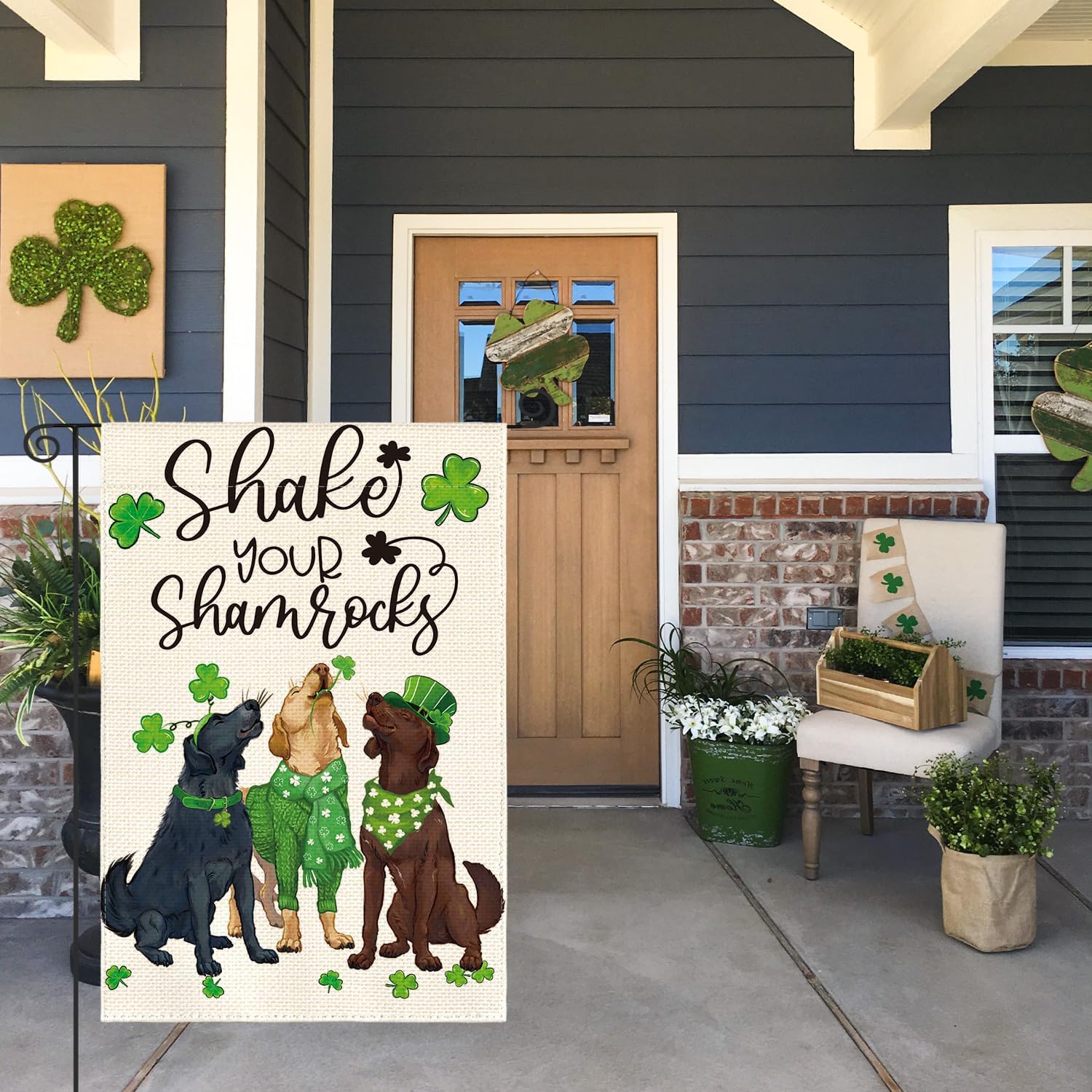 Dogs Clover Shamrocks St Patrick's Day Garden Double Sided Flag (12" x 18")