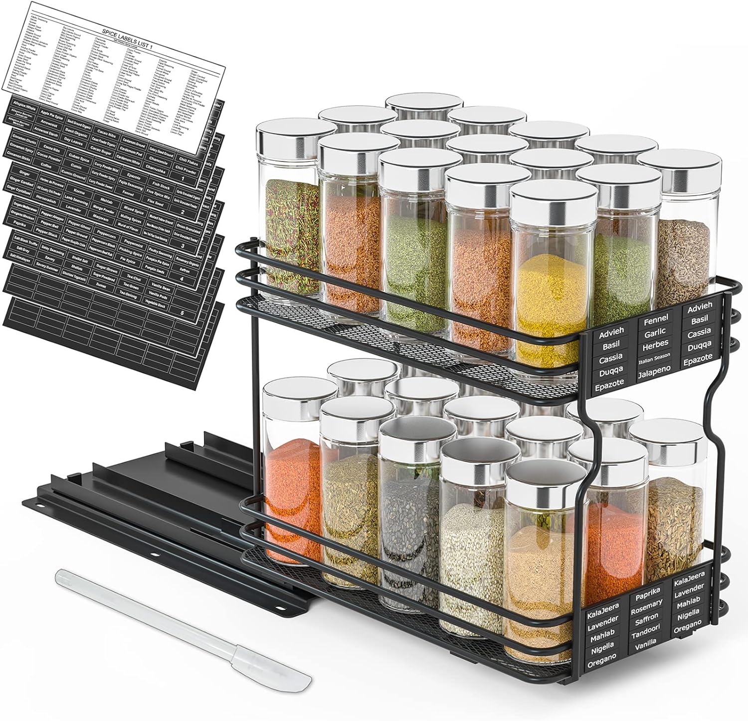 Spice Rack Organizer, 2 Tier Heavy Duty Slide Out Seasoning Kitchen Organizer with Labels and Chalk Marker, 1 Drawer