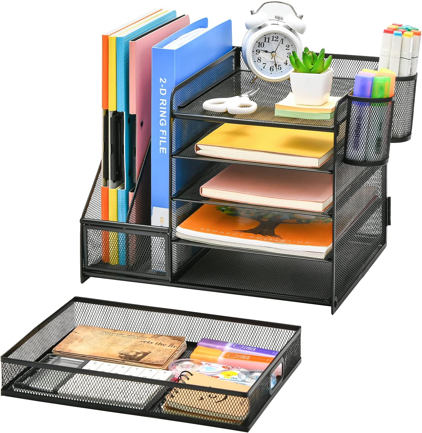 Desk Organizer with File Holder, 5-Tier Paper Letter Tray Organizer with Drawer and 2 Pen Holder (Black)