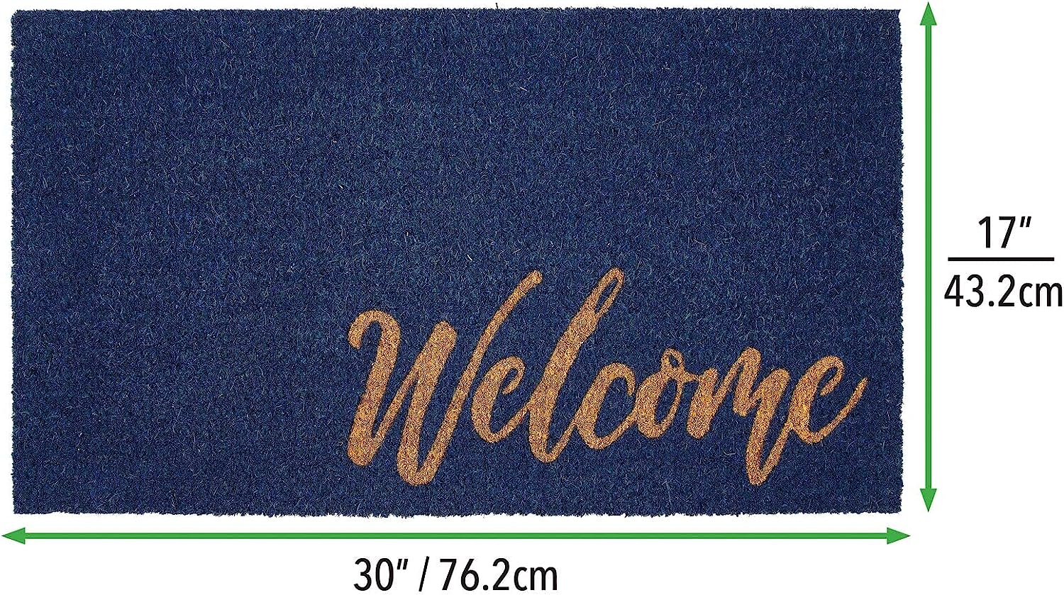 Welcome Coir Doormat Natural Non-Slip Mat Backing, Navy Blue