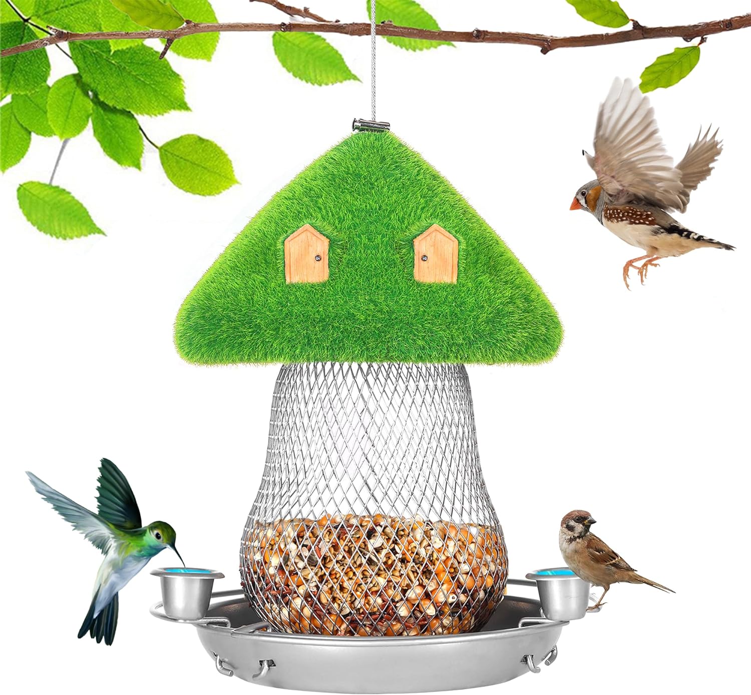 Solar Garden Bird Feeder Green Mushroom Wild Bird Feeder