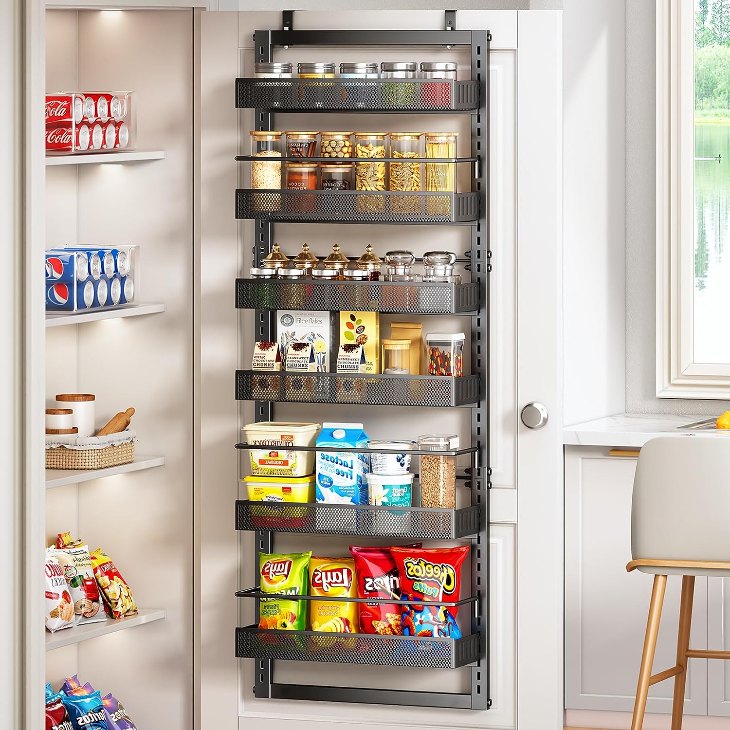 Over the Door 6 Tier Pantry Organizer with Detachable Guardrail, Black