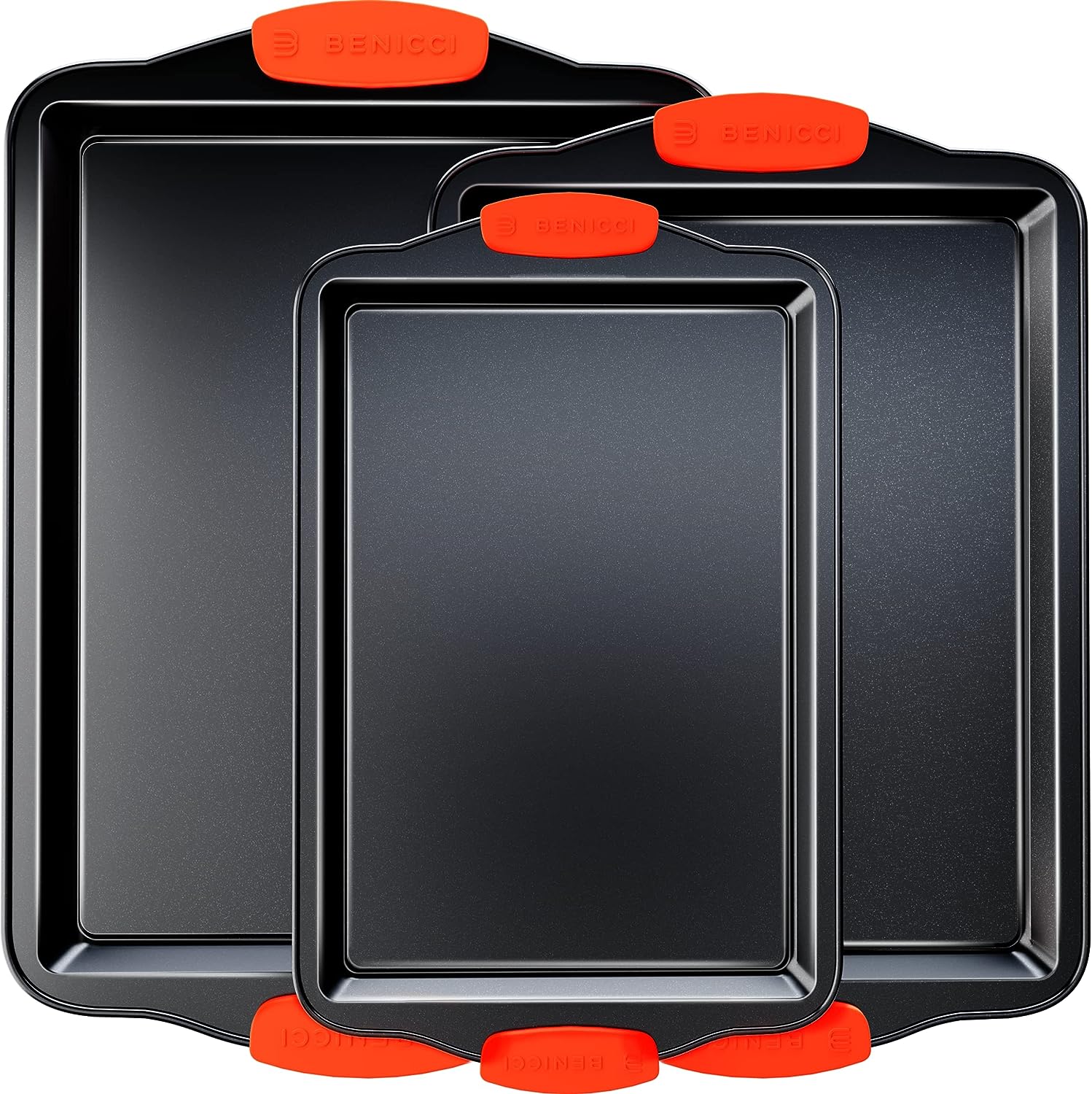 Bakeware Pans Set of 3 with Silicone Handles for Cooking Baking Roasting (Red/Black)