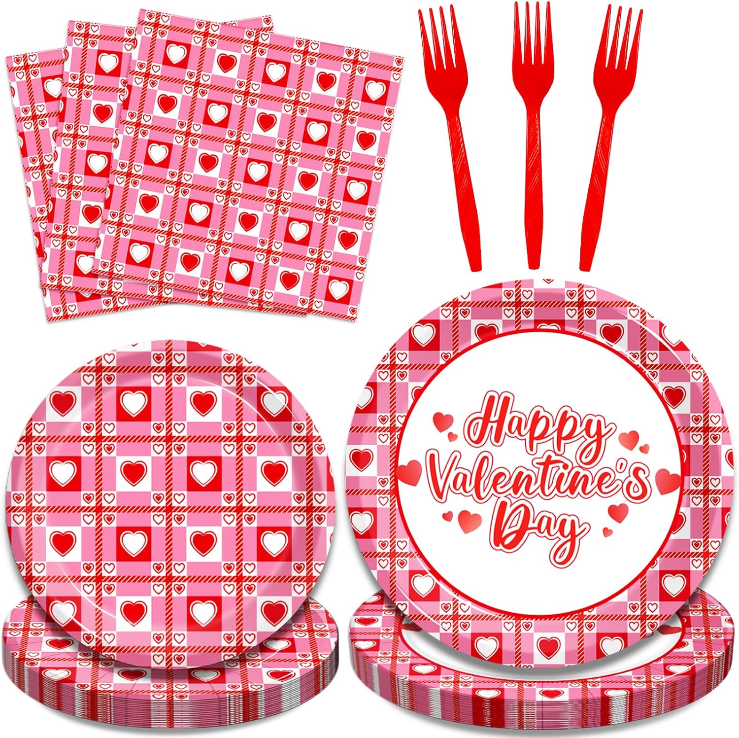 Valentine’s Day Heart Plaid Paper Plates Napkins Set Disposable Dinnerware 96PCS, Serves 24 Guests