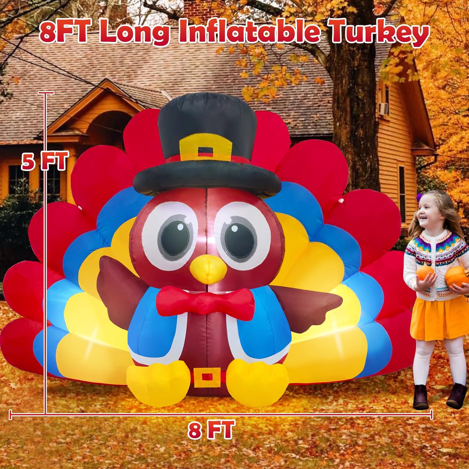 Inflatable Turkey Thanksgiving Outdoor Decorations with Colorful Big Tail & Pilgrim Hat Built-in LED Lights Blow up Yard Decoration