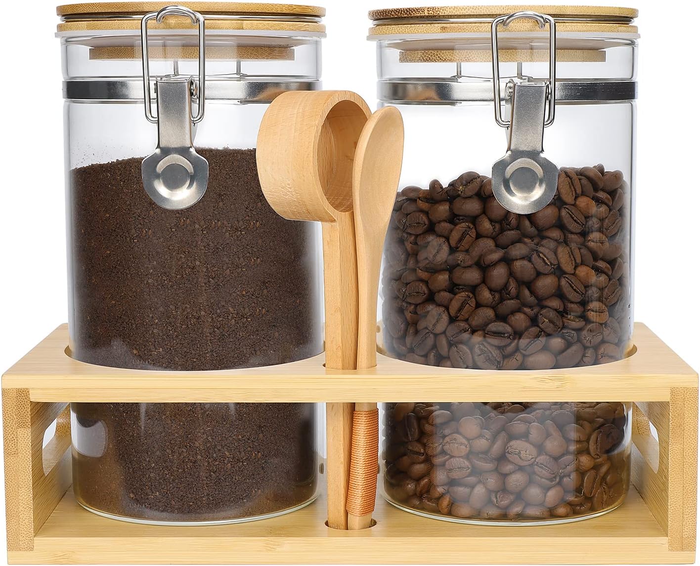 2 Pack Glass Coffee 45Oz Containers with Airtight Locking Clamp Bamboo Lids, with Scoop and Measuring Spoon