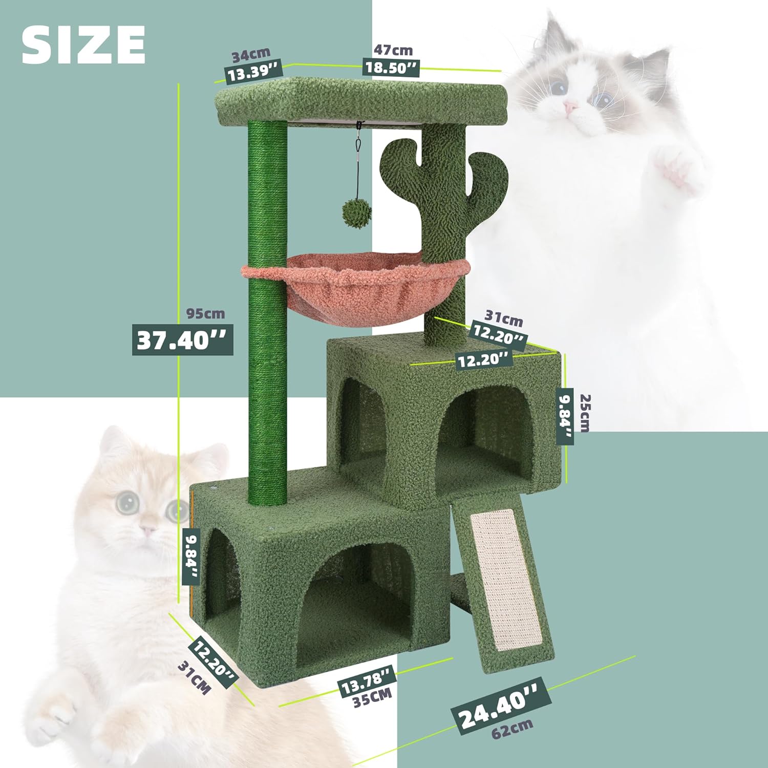 Cactus Cat Tree Cat Tower 37.4" with Twin Cat Condos for Indoor Cats, Green