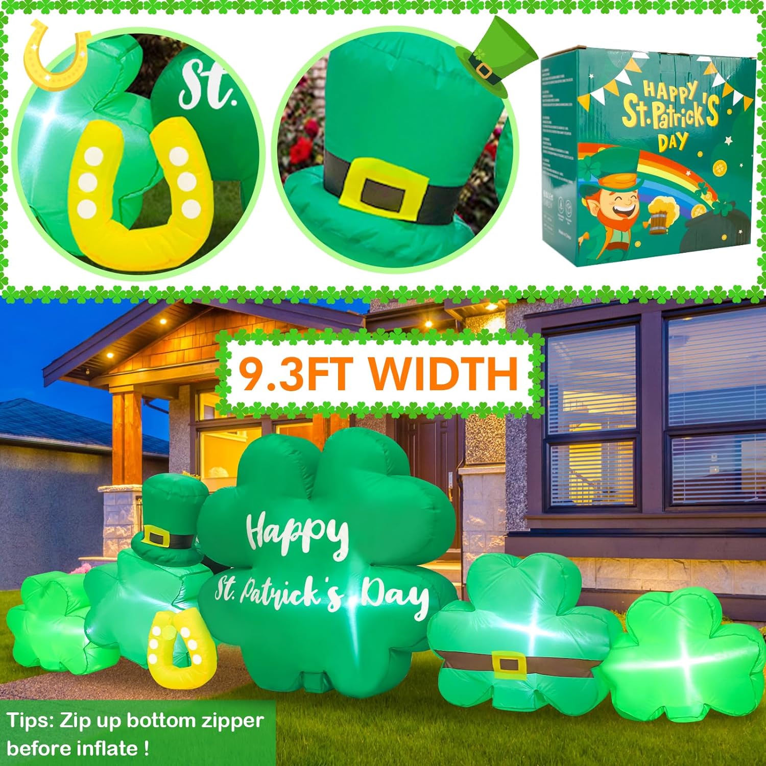 Shamrocks 9.3FT St Patricks Day Blow Up Inflatables Outdoor Decorations with LED Lights