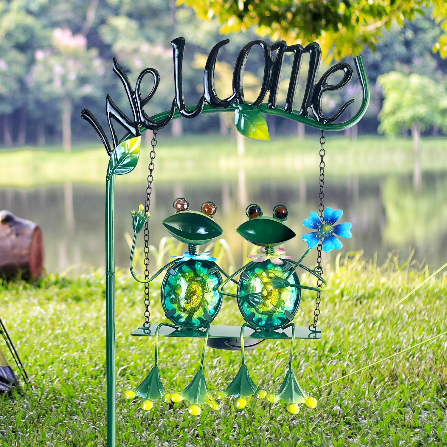 Frog Swing Garden Solar Lights with Welcome Sign (48 inch)