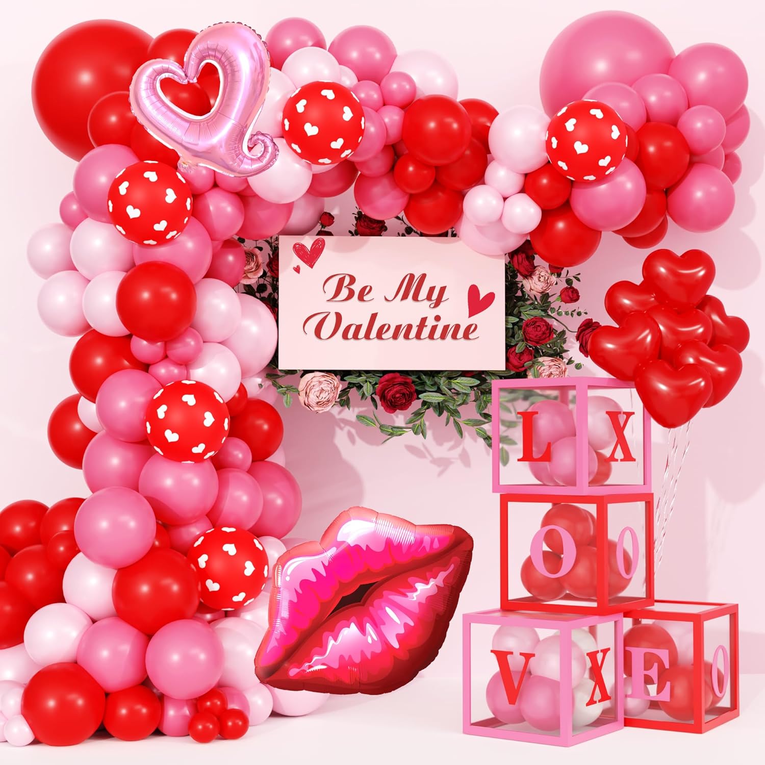 Valentines Day Balloons Arch Garland Kit with Boxes, 155 Pieces Decor & 4 Pieces Balloon Boxes