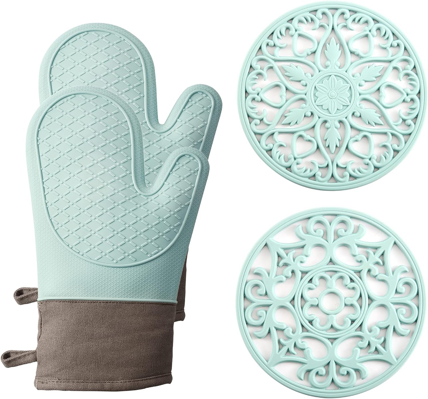 Oven Mitts Gloves and Trivet Mats 4 Piece Set, Aqua Sky