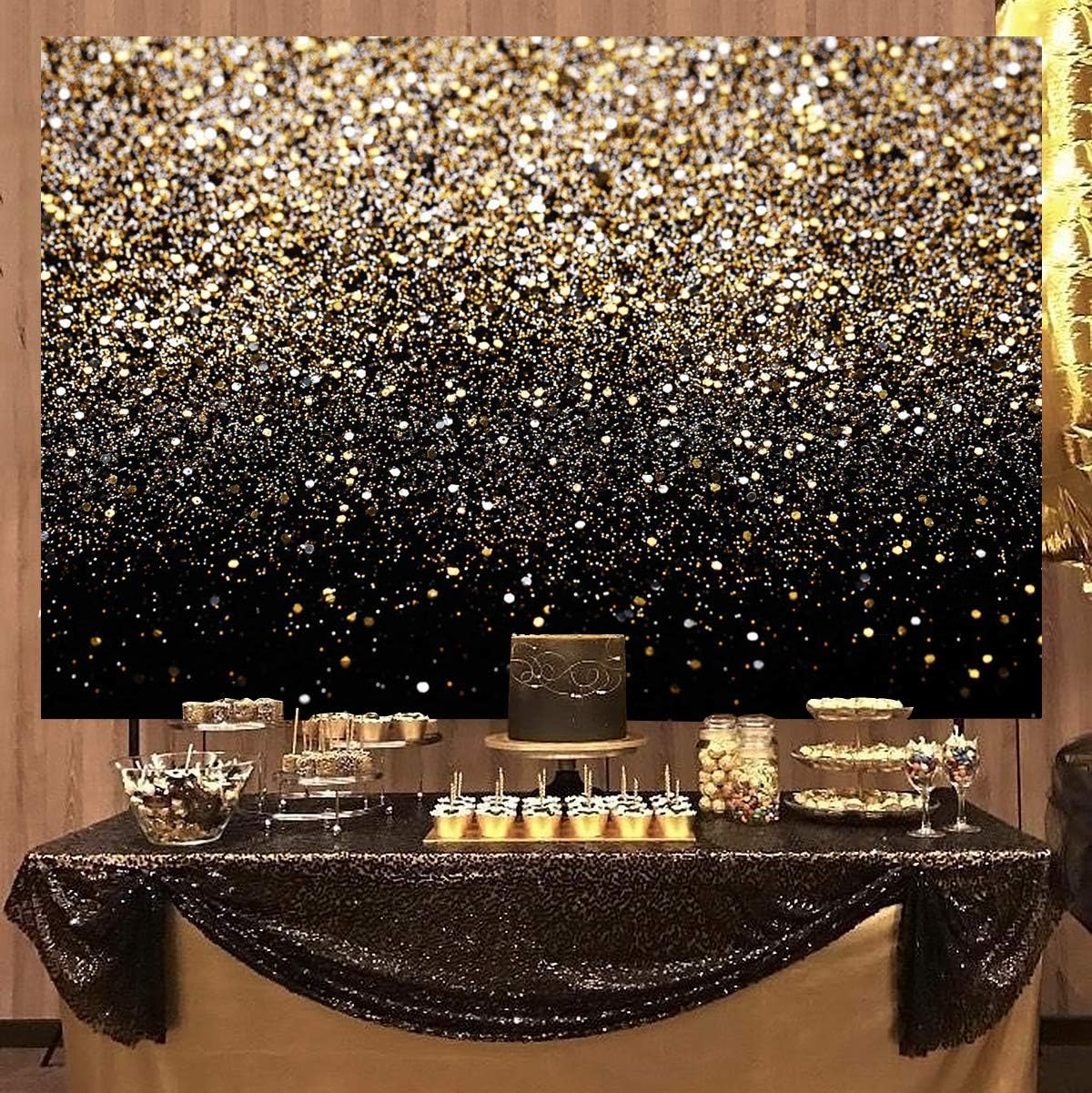 Gold Backdrop Glitter 7' x 5' Black and Gold Backdrop for New Year Holiday Party