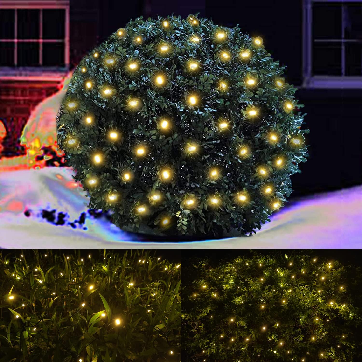 LED Christmas Net Lights Outdoor Christmas Decorations for Bushes, Warm White 100 LED 5FT x 5FT Connectable Green Wire Net Christmas Lights
