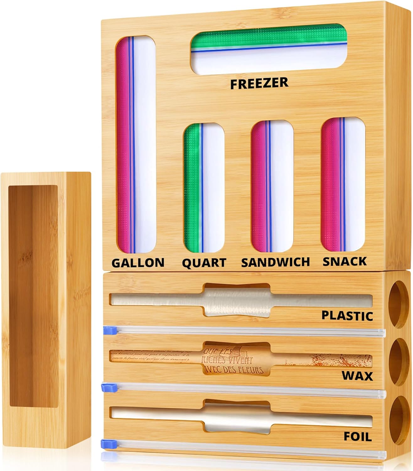 Ziplock Bag Organizer 9 in 1 Wrap Dispenser With Cutter For Kitchen Drawer Bamboo Food Storage Organizer