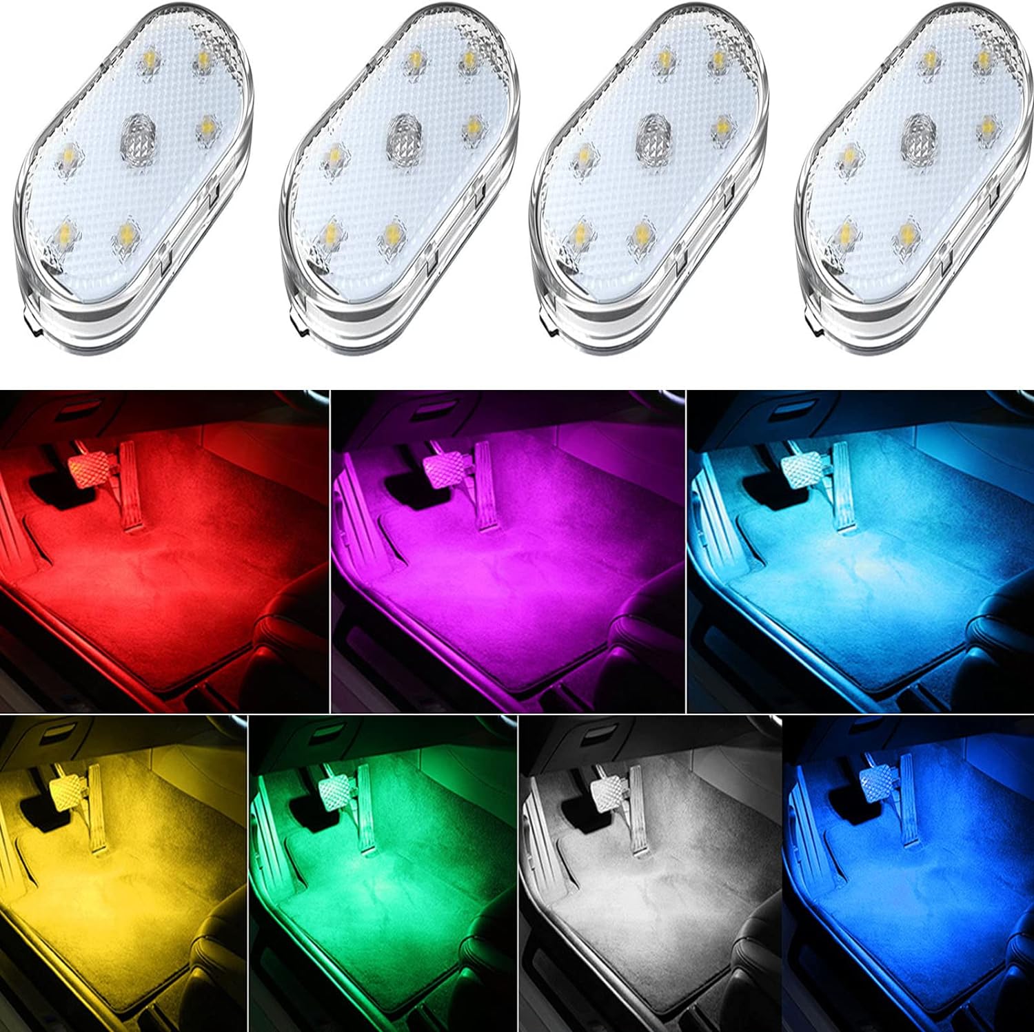 Car Lights Wireless LED Lights 4 Pack for Car Interior, 7 Colors Ambient Lighting and USB Rechargeable Light