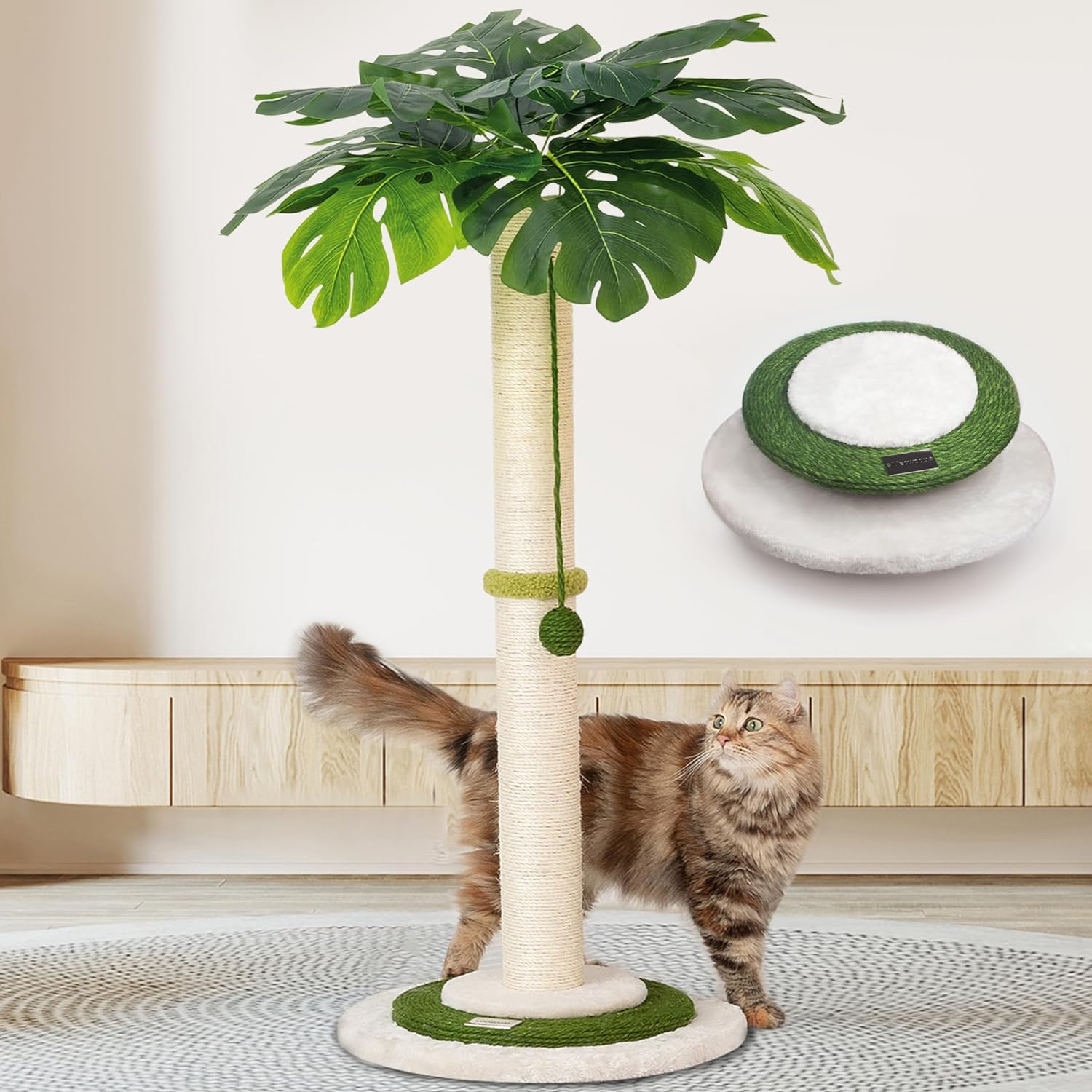 Cat Scratching Post for Indoor Cats and Kitten, 35” Tall Monstera cat Scratching Post with Sisal Hanging Interactive Ball