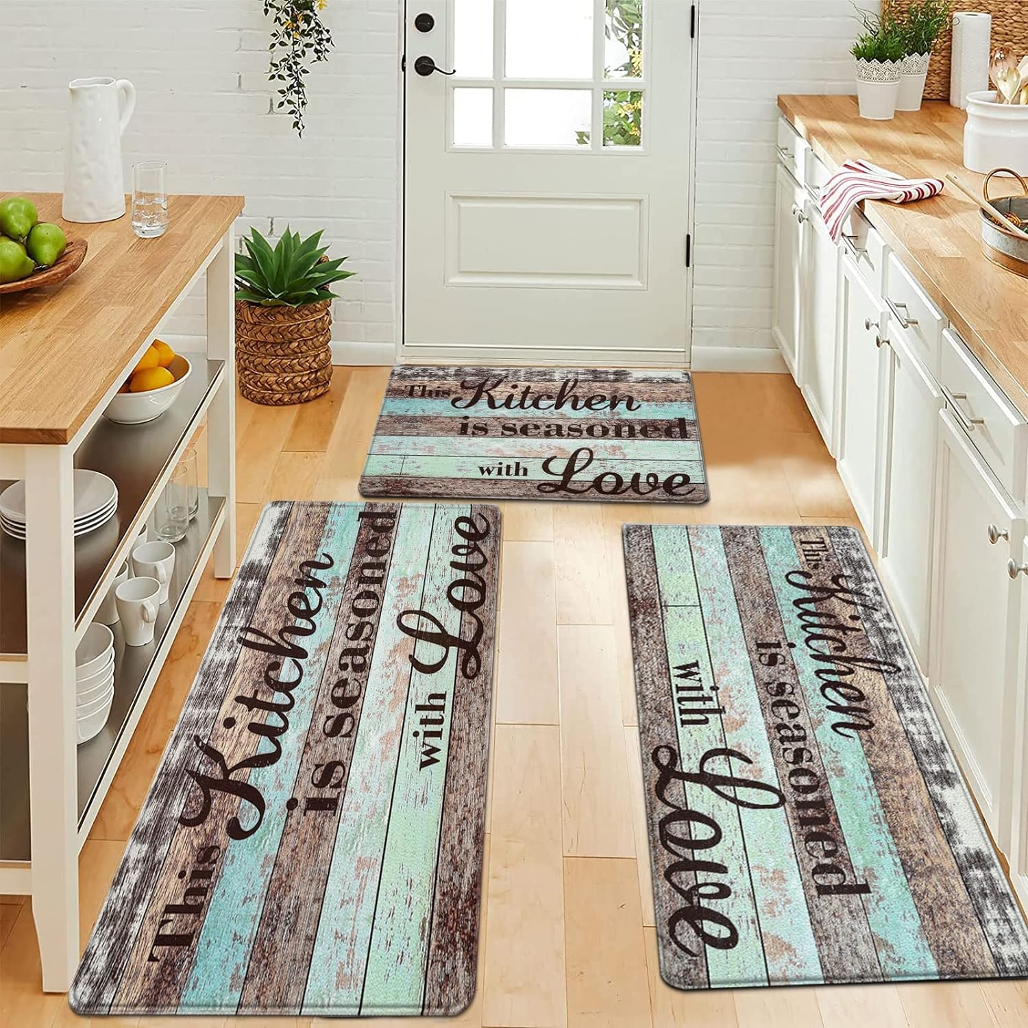 Kitchen Rugs Anti-Fatigue, 3 Piece Cushioned Kitchen Mat, Love