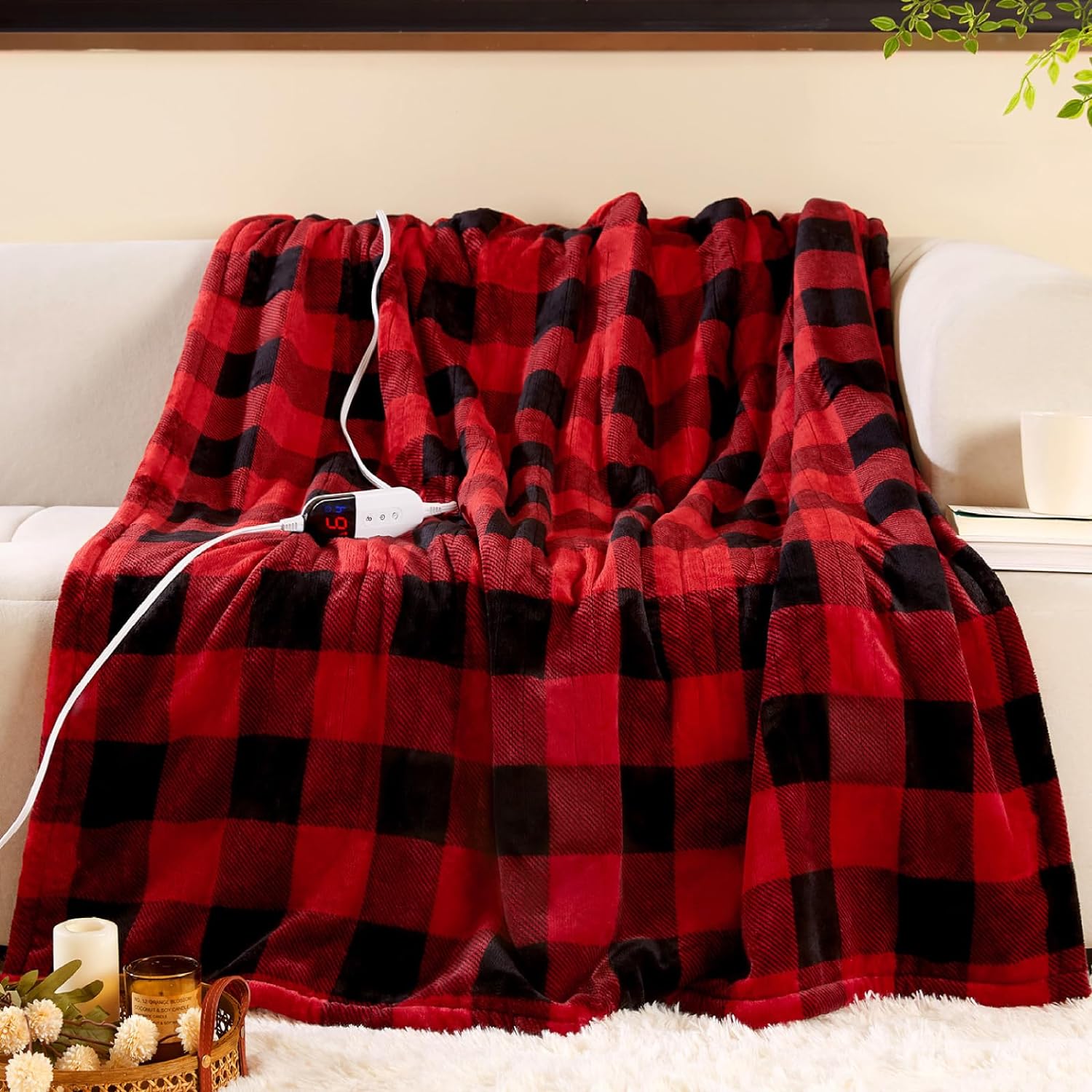 Warmth On-Demand: Electric Sherpa Heated Throw Blanket for Pain Relief, Relaxation & Cozy Comfort (Red Buffalo Plaid, 6 Heat Levels, Auto Shut-Off) - Perfect for Home or Travel!