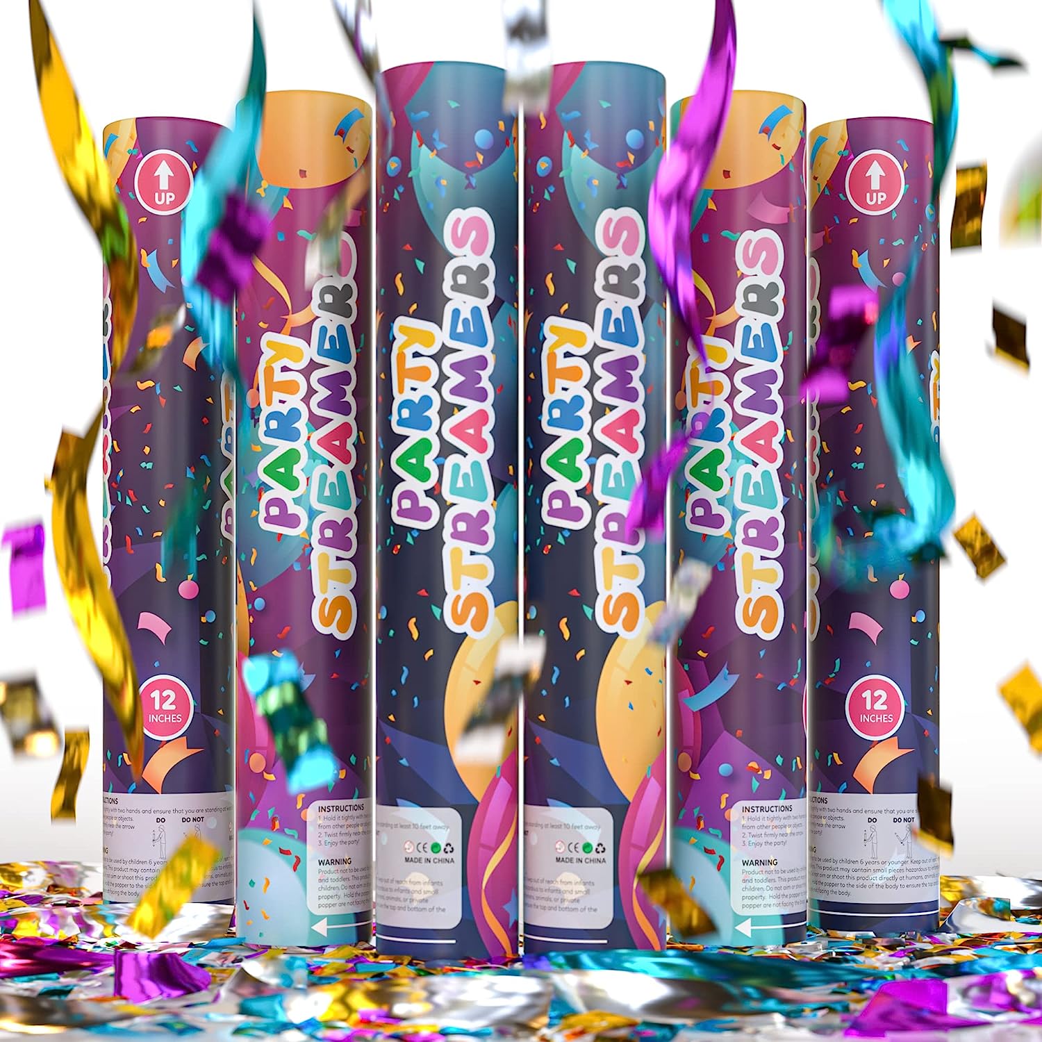 6 Pack Confetti Poppers Giant 12" Party Poppers for Graduation, Birthdays, Weddings