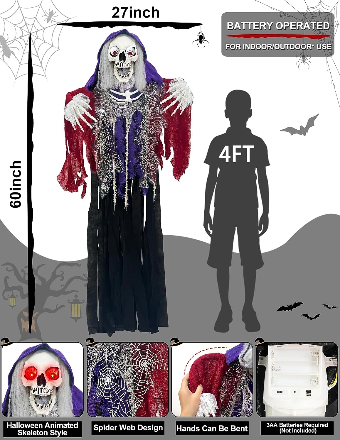 Animatronic 60" Halloween Decorations Outdoor Hanging Skeleton Ghost