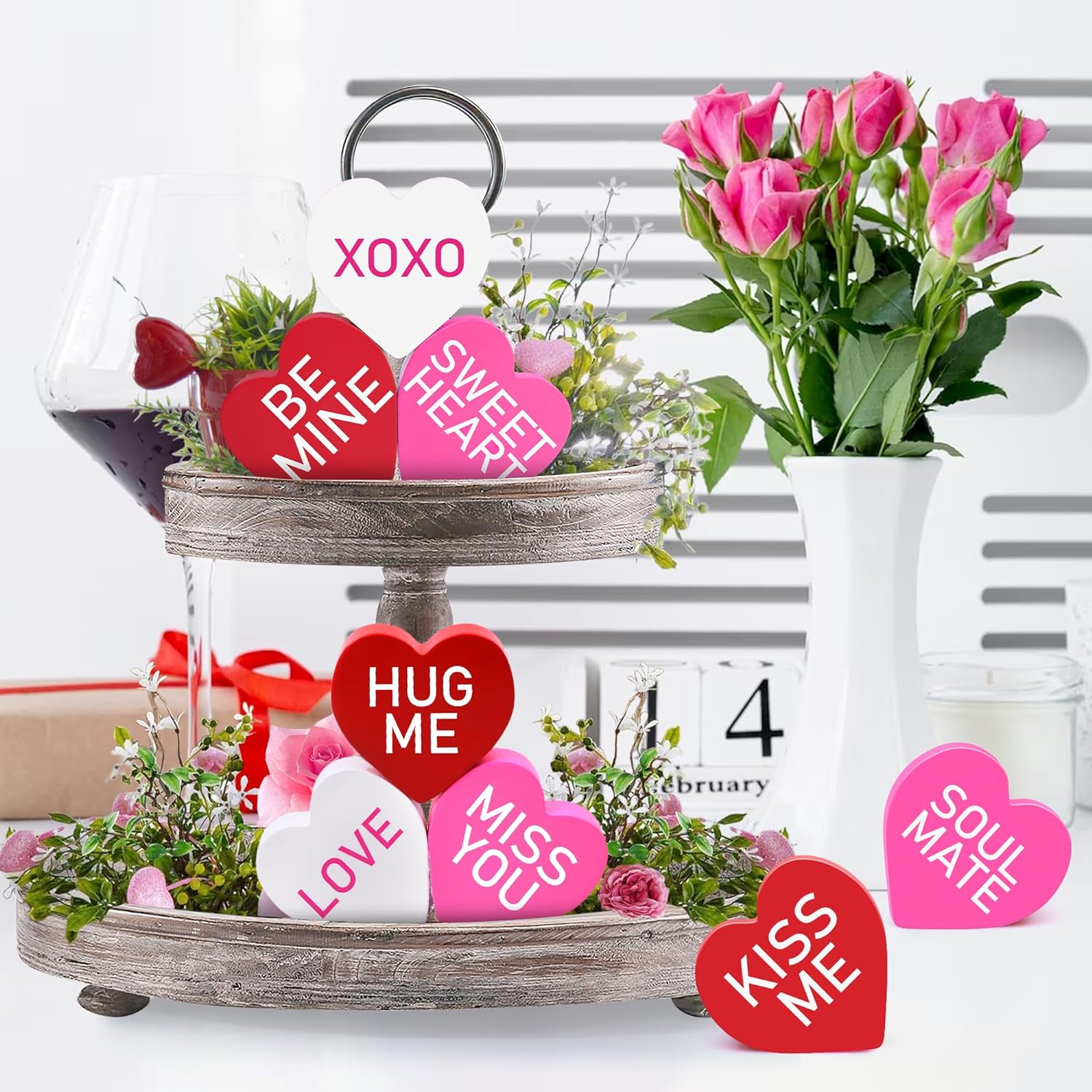 Valentines Day Decor 8PCS Hearts Wooden Signs for Home Table Tiered Tray Wedding Party Decoration Supplies