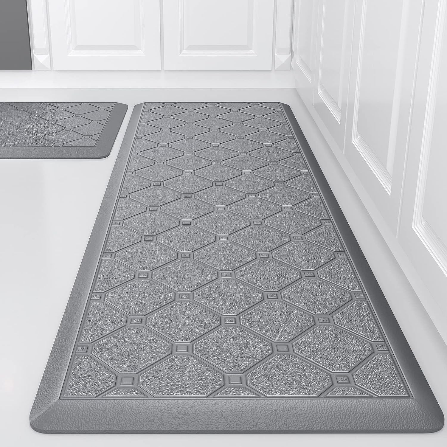 Cushioned Kitchen Mats Non Slip Rug Set, PVC Non Skid Comfort Cushion Mat for Kitchen Floor, Gray