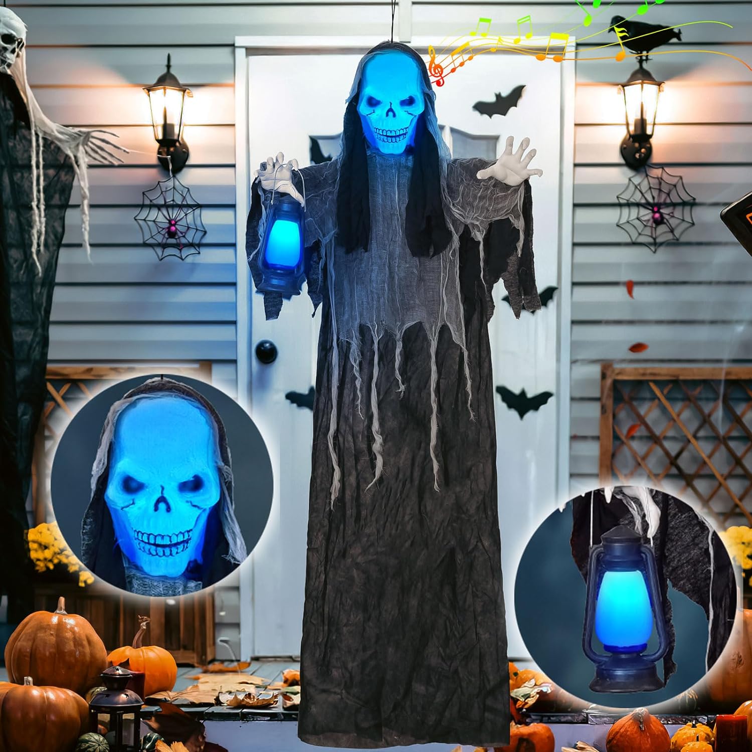 Animated Halloween Decorations 6FT Hanging Grim Reaperwith Light-up Head, Lamp & Creepy Voice, Ghost Skeletons Motion Activated (Touch and Sound Activated)