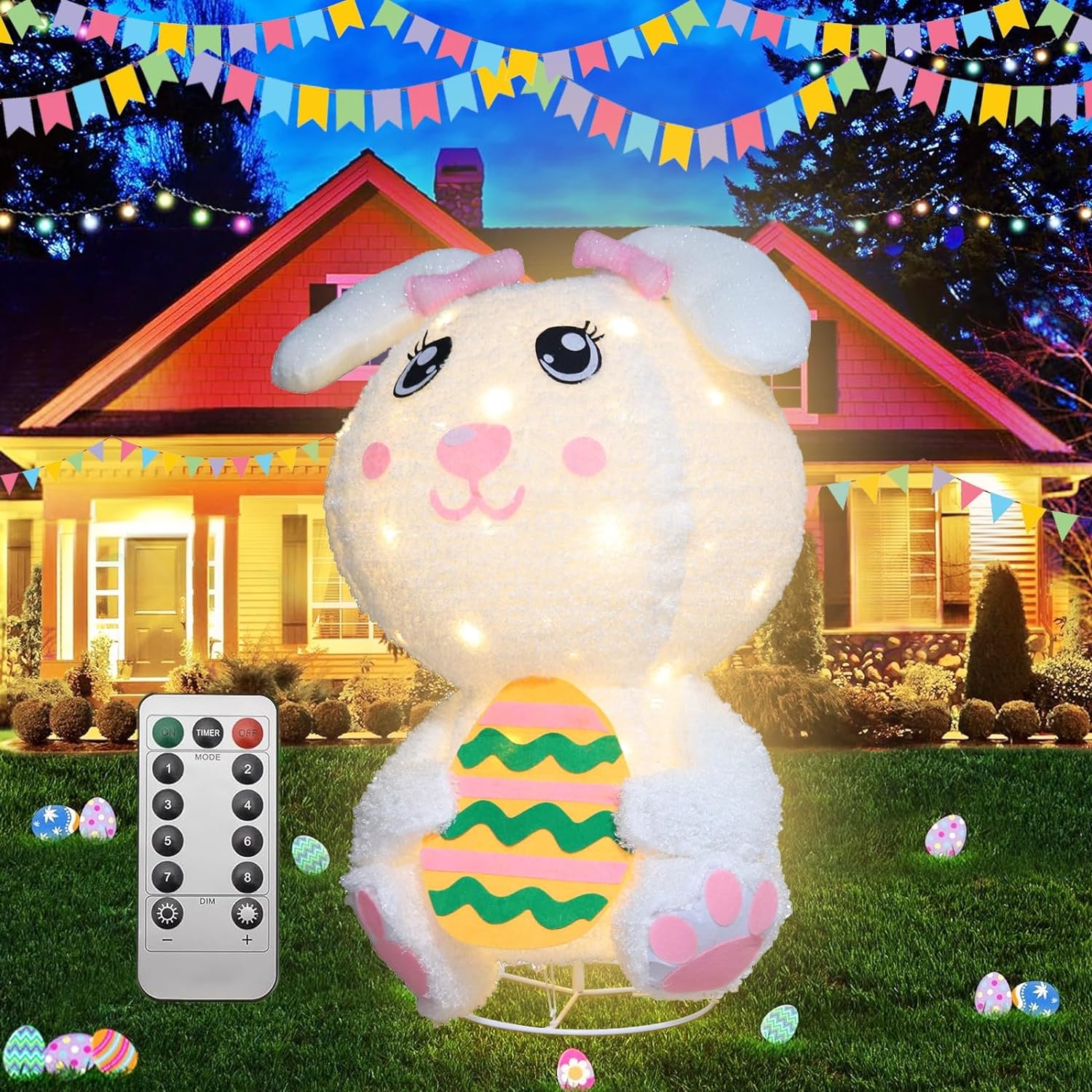 Easter Stuffed Animal 2.5 FT Easter Bunny Lights with 60 LEDs with Remote Control, 8 Lighting Modes for Home