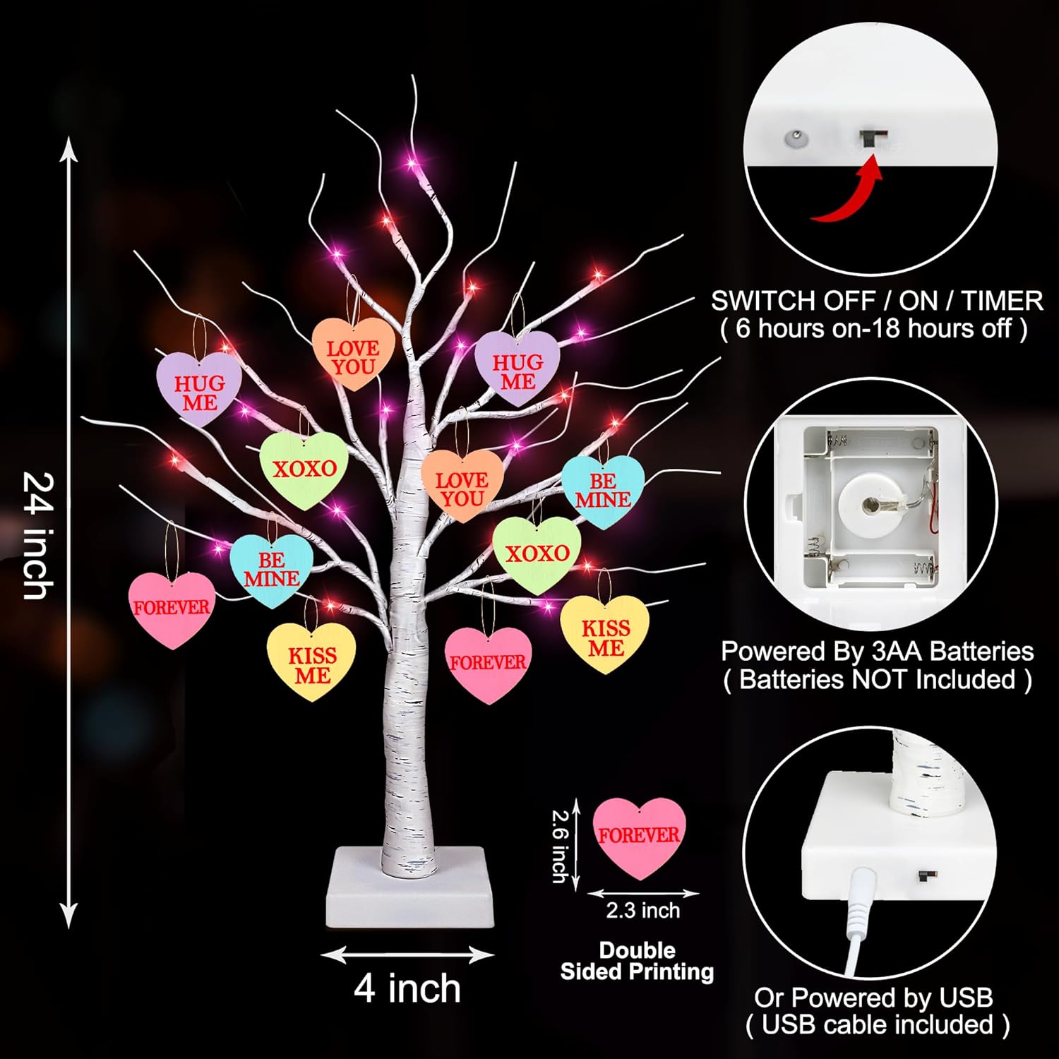 Valentines Day Decor 24" Lighted Valentines Decorations Tree with 12 Heart Ornaments with Timer, USB & Battery Operated Valentines Decor Tree