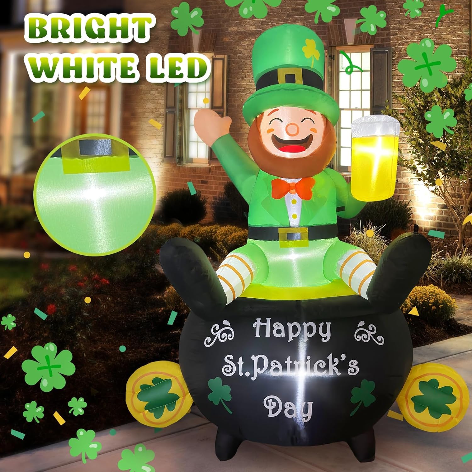 6FT Leprechaun Holding Beer in Pot Gold St Patrick's Day Inflatables with LED Lights Decoration