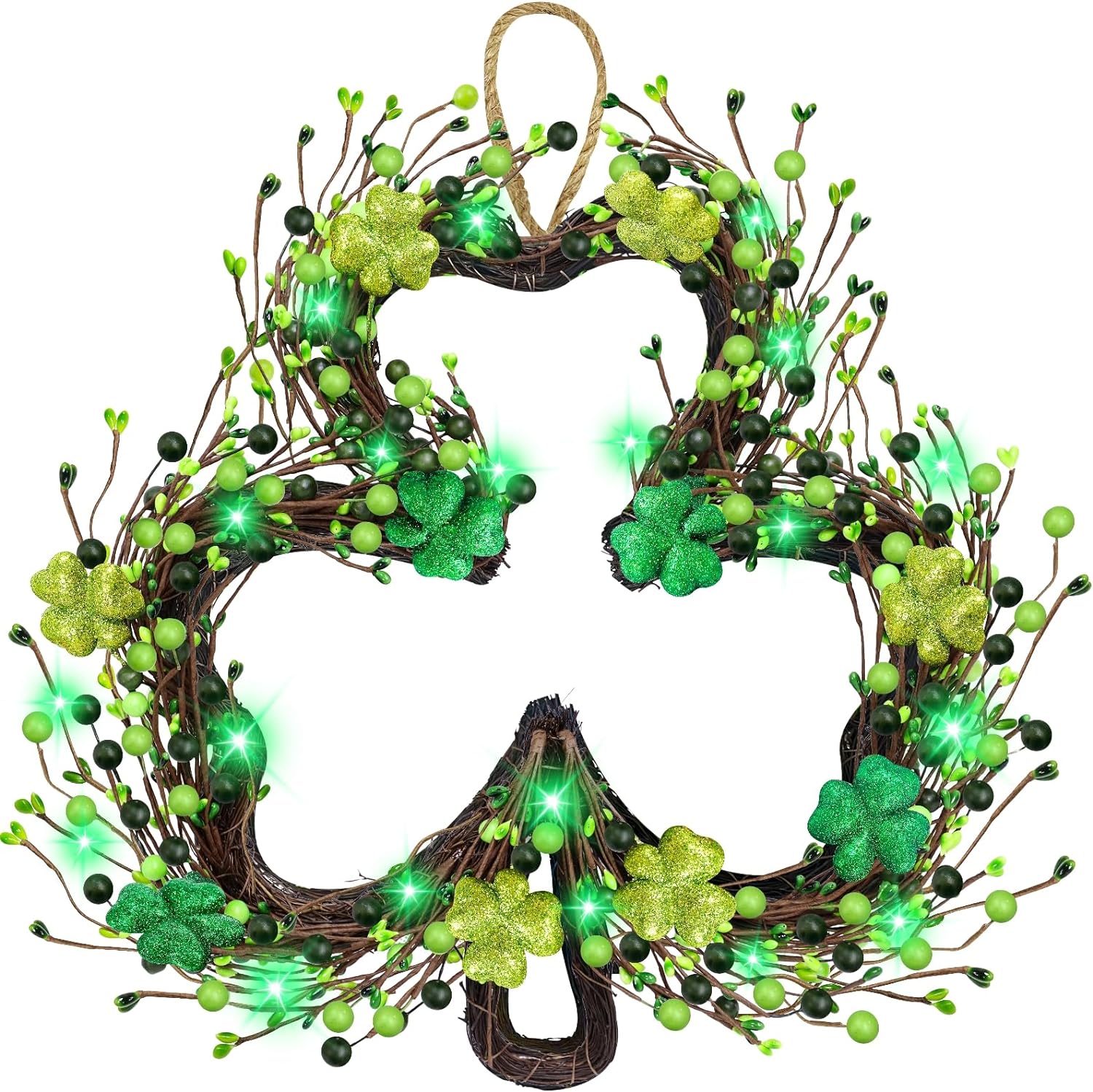 St Patricks Day Decorations, Shamrocks Wreath for Front Door, 20 Green Lights Battery Operated