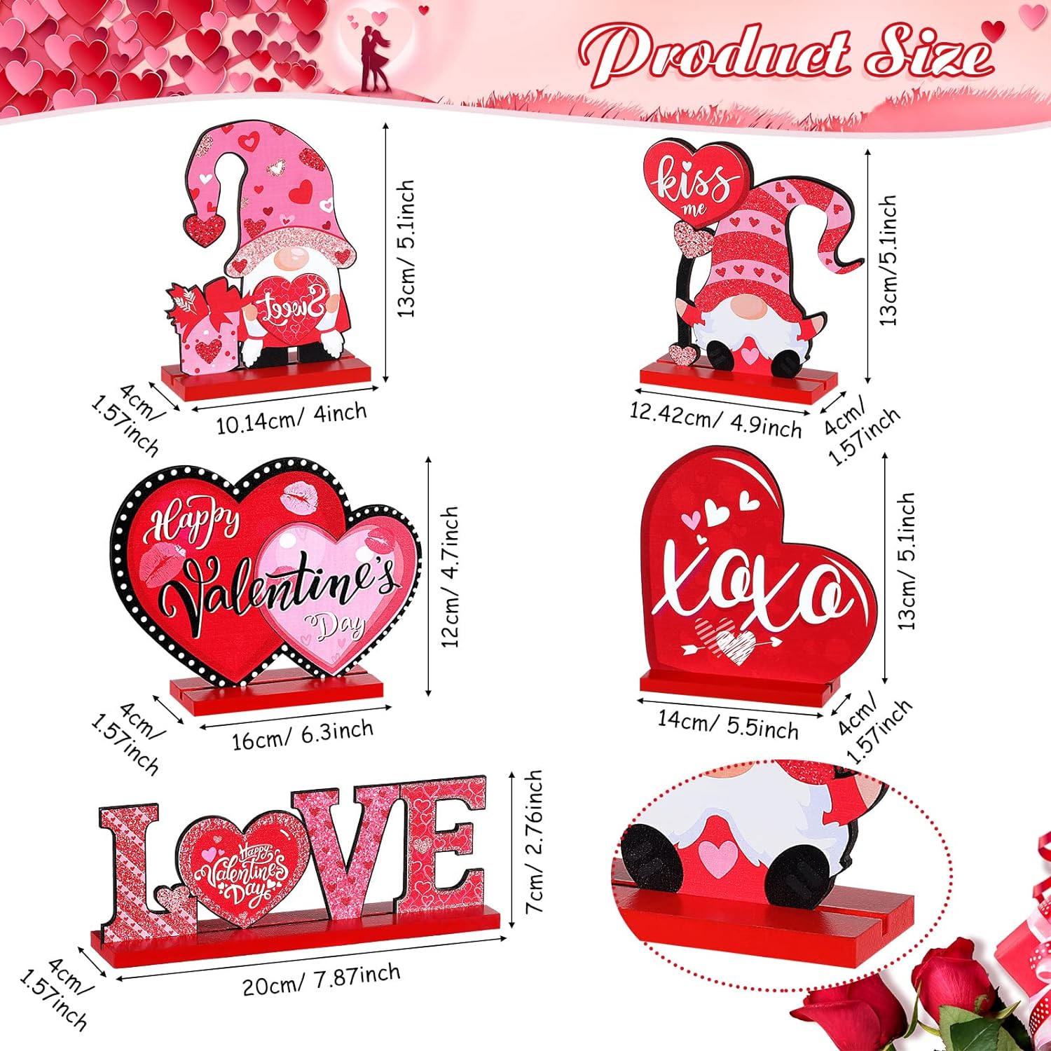 Valentine's Day Wooden Table Sign Decoration 5 Pieces, Home Decor Tiered Tray Wood Gnome Valentines Day Accessories