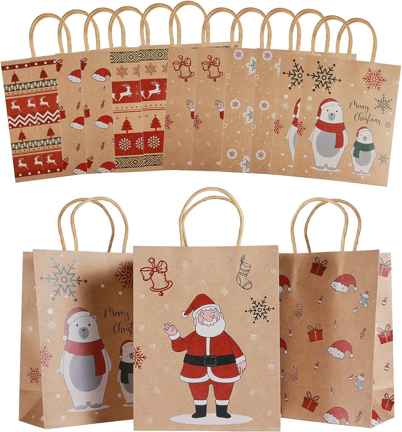 Christmas Gift Bags 24 Bags, 6 Designs Christmas Kraft Paper Bags with Handles