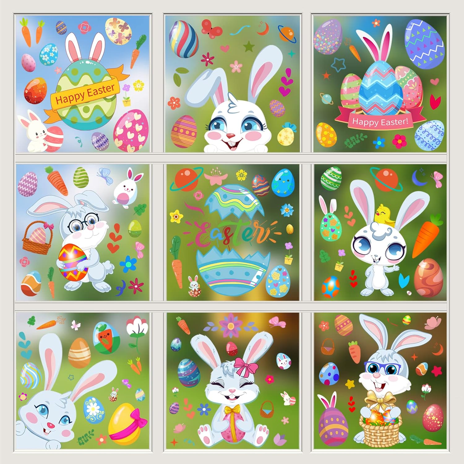 Easter Decorations Window Clings  Sheets 194 PCS Double Sided Cute Large Bunny Eggs Happy Easter Window Clings