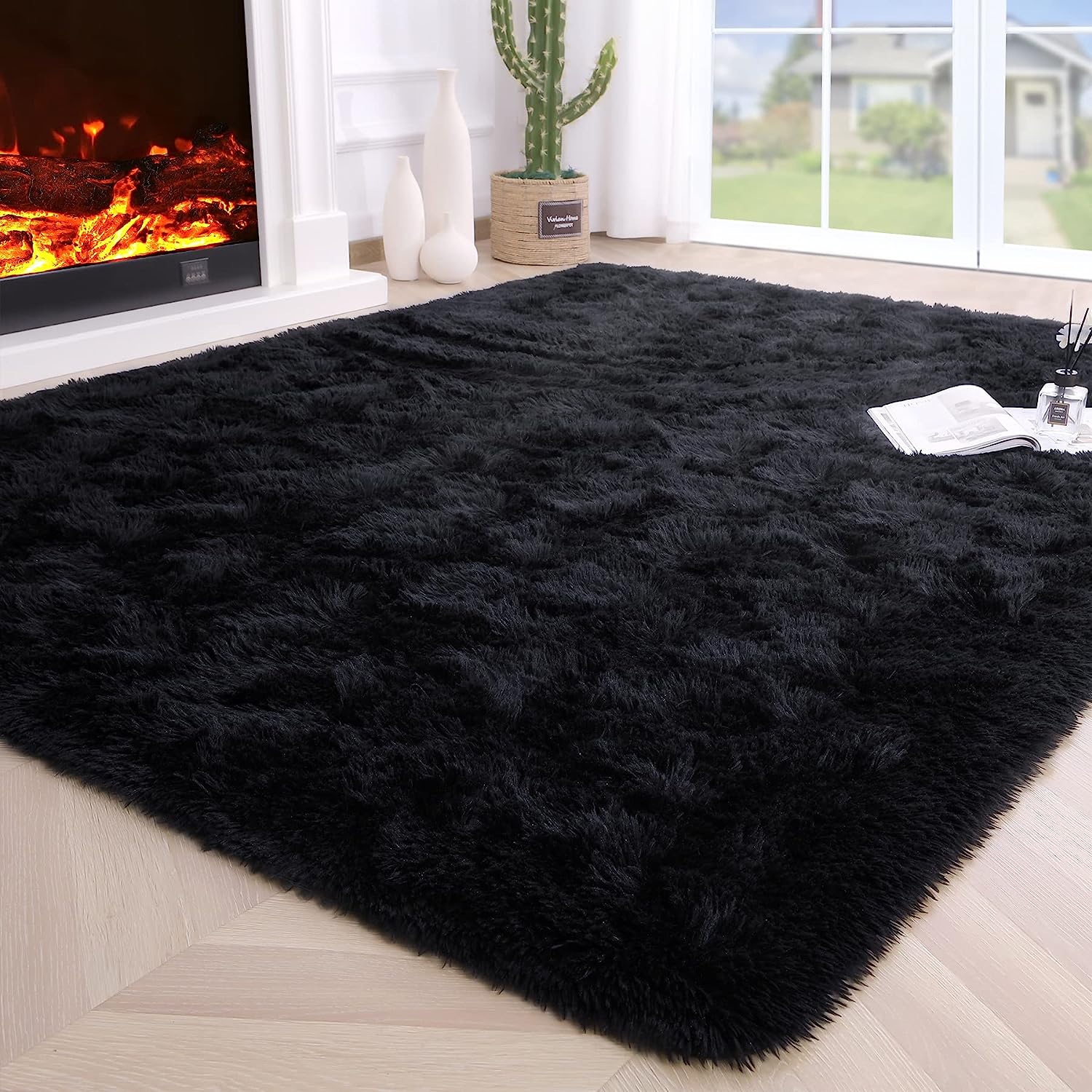 Fluffy Bedroom Rug Carpet 4' x 5.3', Thick Black Area Rugs for Living Room, Black