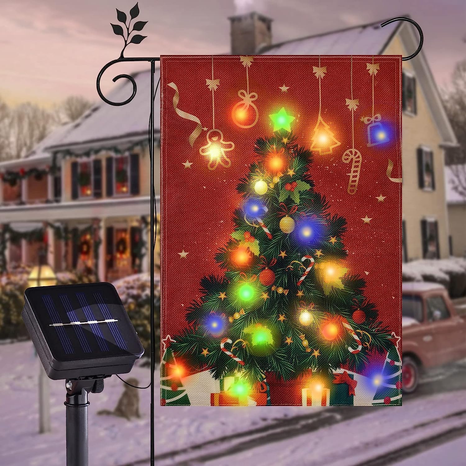 Christmas Garden Flag Solar Lighted Christmas Tree Flag, 12" x 18"