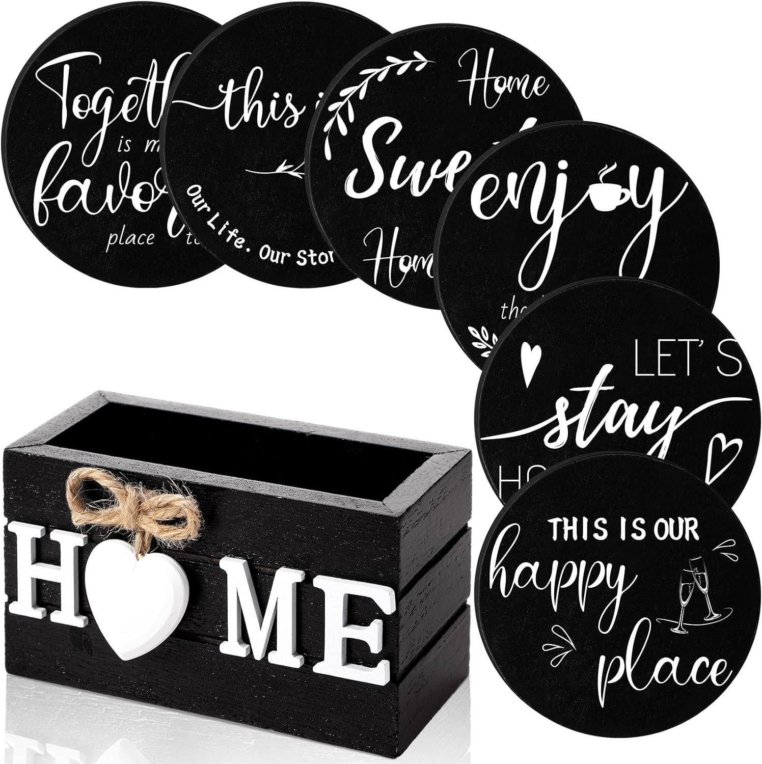 Wooden Heart Coasters Set of 6 with Holders for Drinks, 4" Farmhouse Coasters (Black)