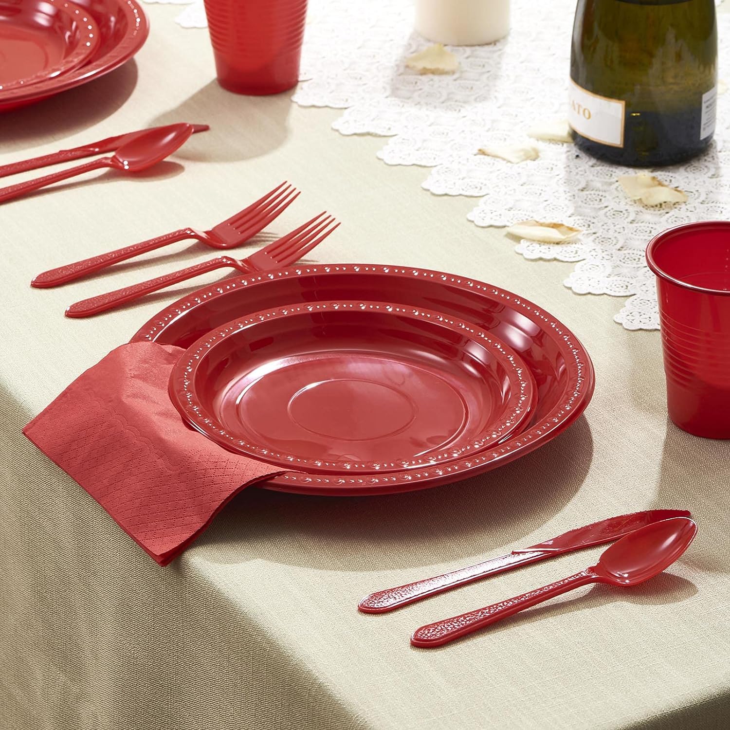 Plastic Dinnerware Set Disposable Party Supplies (Red, 175pcs)