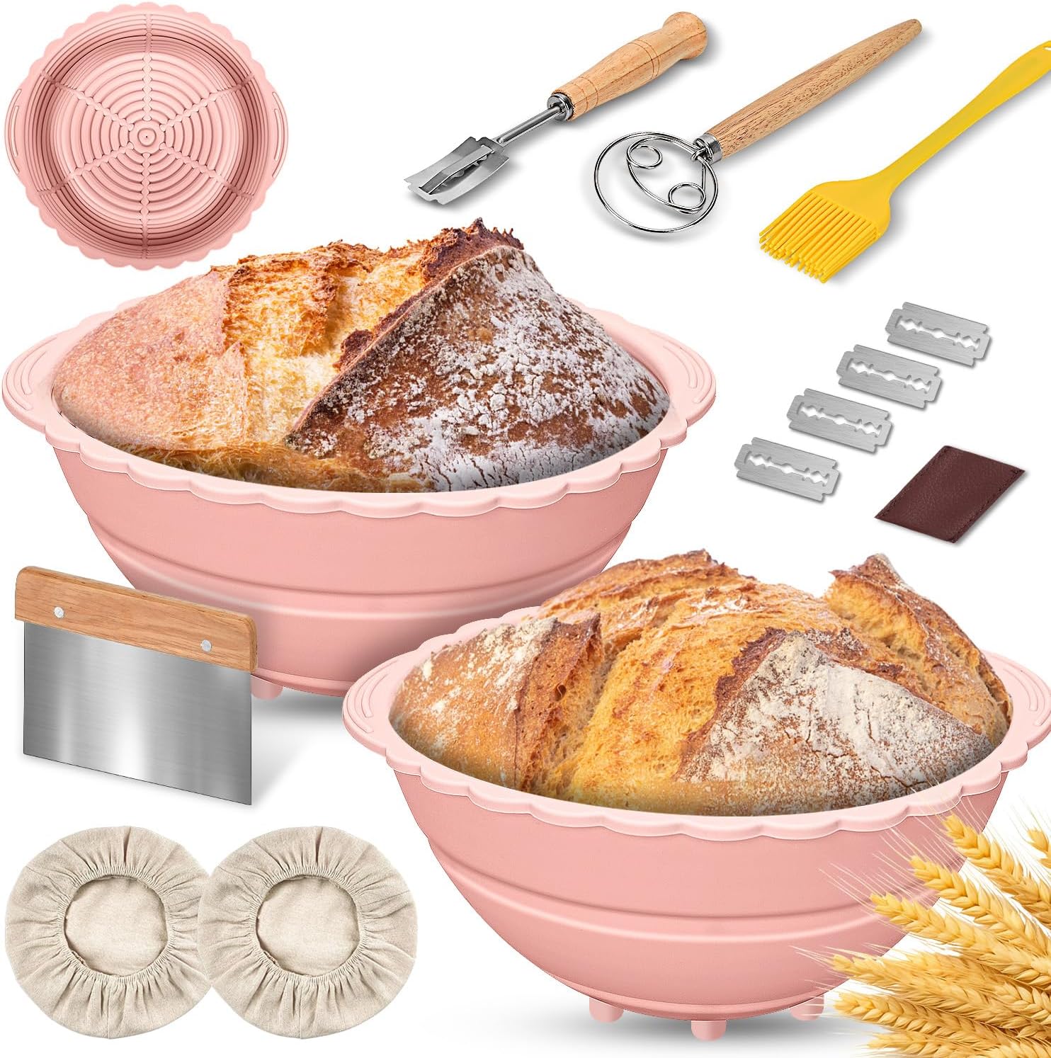 Silicone Sourdough Bread Baking Basket 2 Pack, 9" Collapsible Proofing Bowl Supplies Set Tool Sourdoughs Kit, Pink