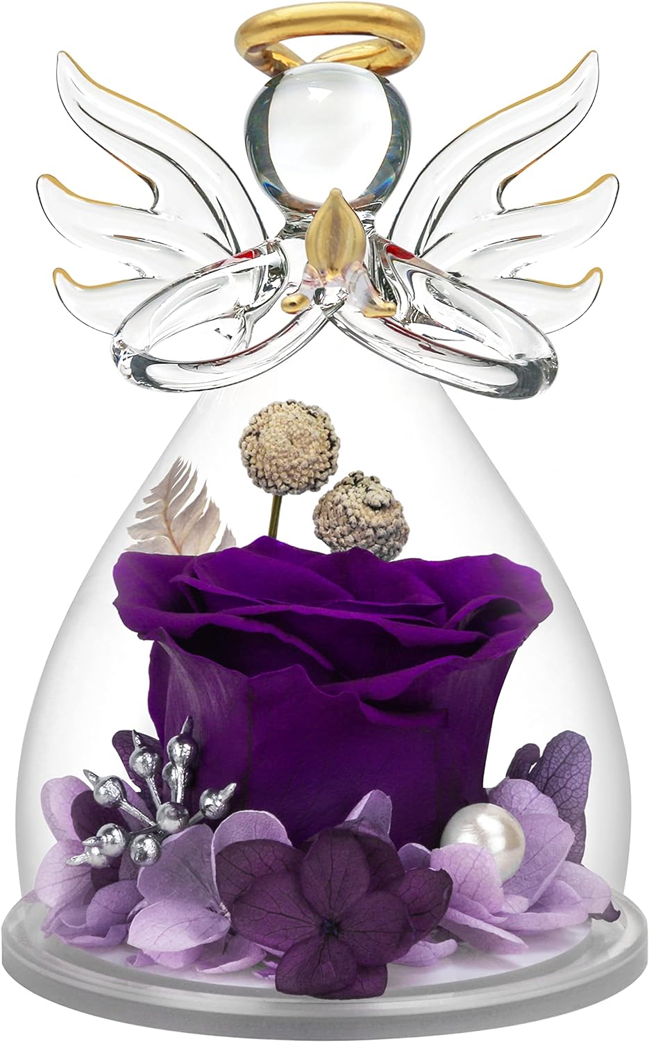 Preserved Flower Rose Gifts in Glass Angel Figurines for Valentines Day Gifts (Purple)