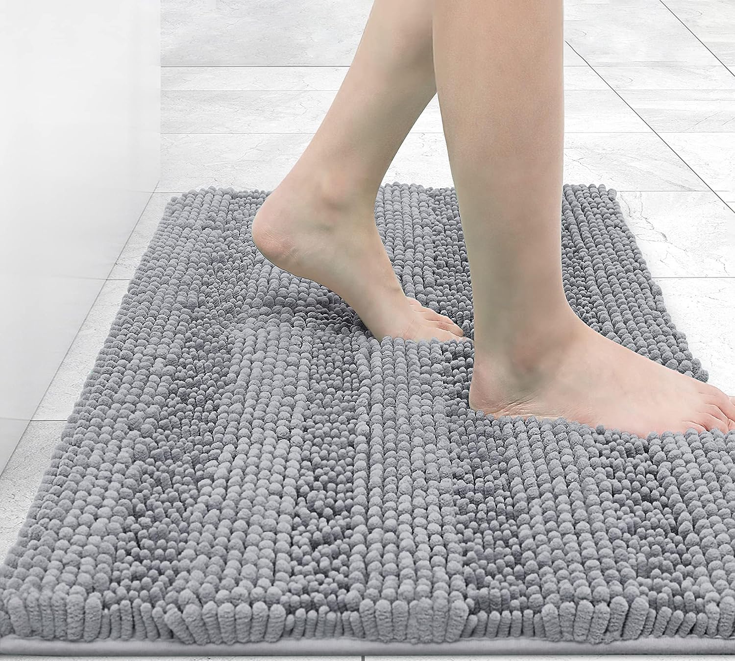 Bathroom Rug Mat Chenille Striped Extra Thick and Absorbent Bath Rugs, Gray (24" x 16")