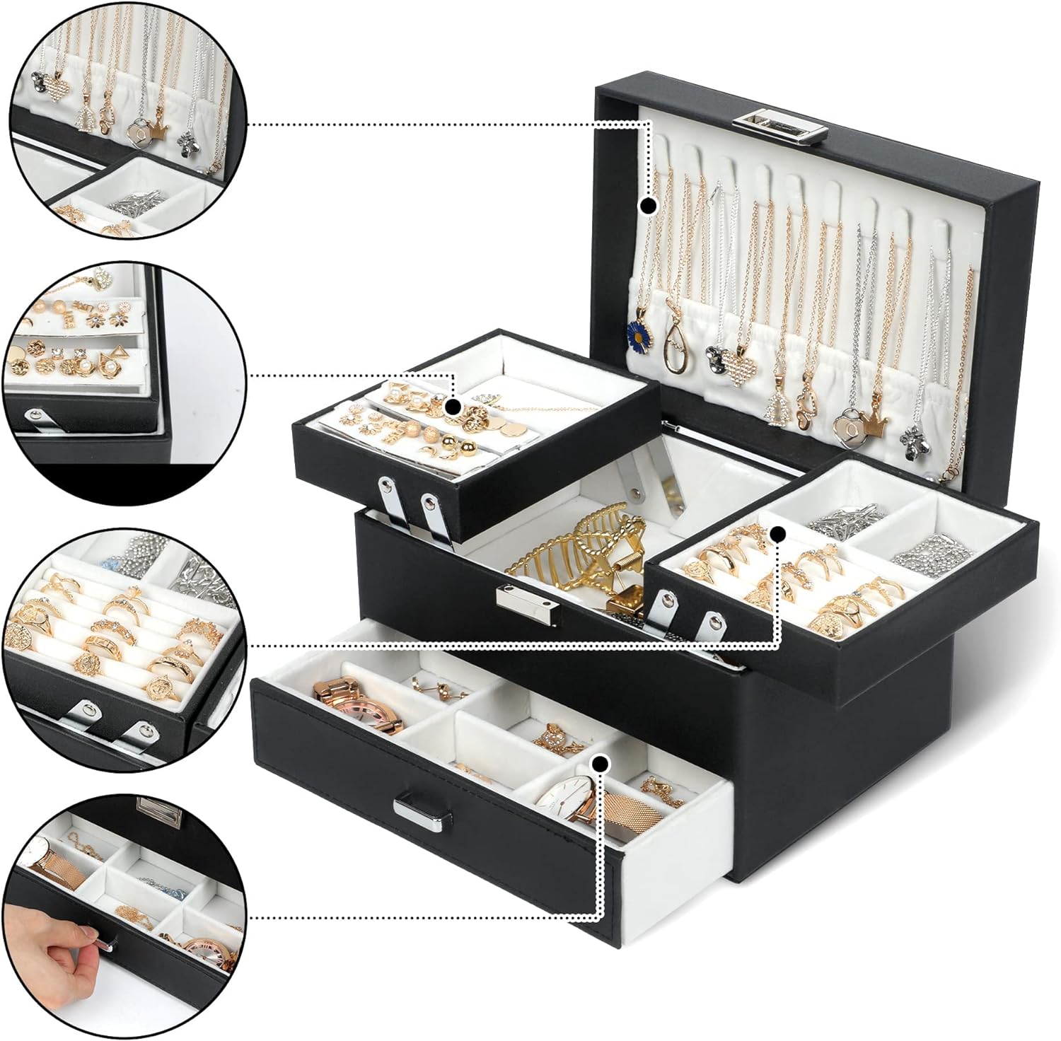 Jewelry Boxes 3 Layers Jewelry Storage Organizer for Earring, Ring, Necklace, Bracelets (Black)
