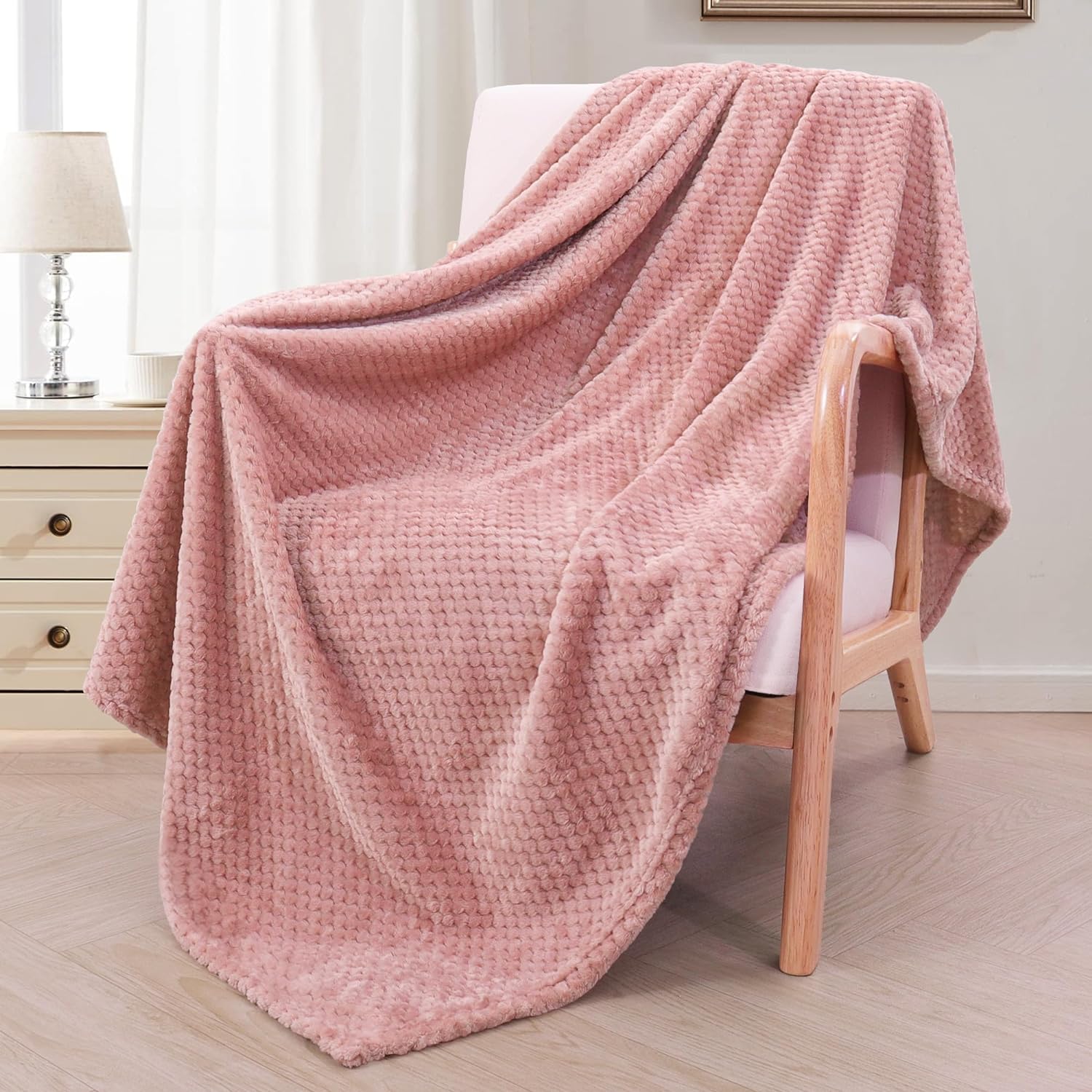 Fleece Blanket Super Soft and Warm Waffle Textured, Dusty Pink (50" x 70")